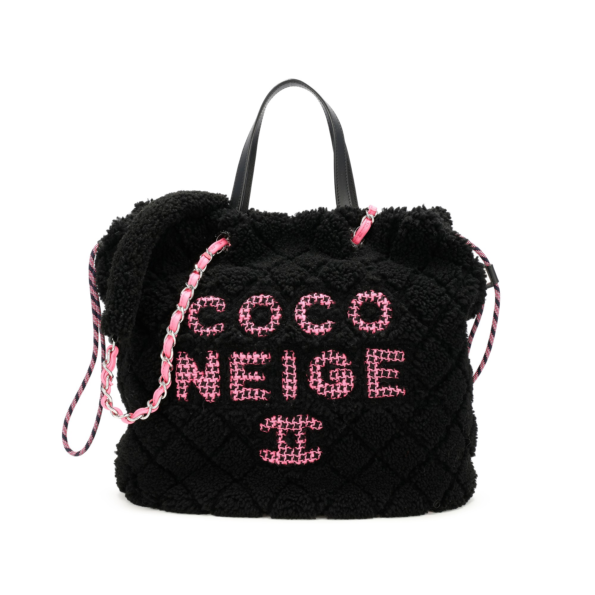 Chanel Black Quilted Shearling And Pink Tweed Coco Neige Tote