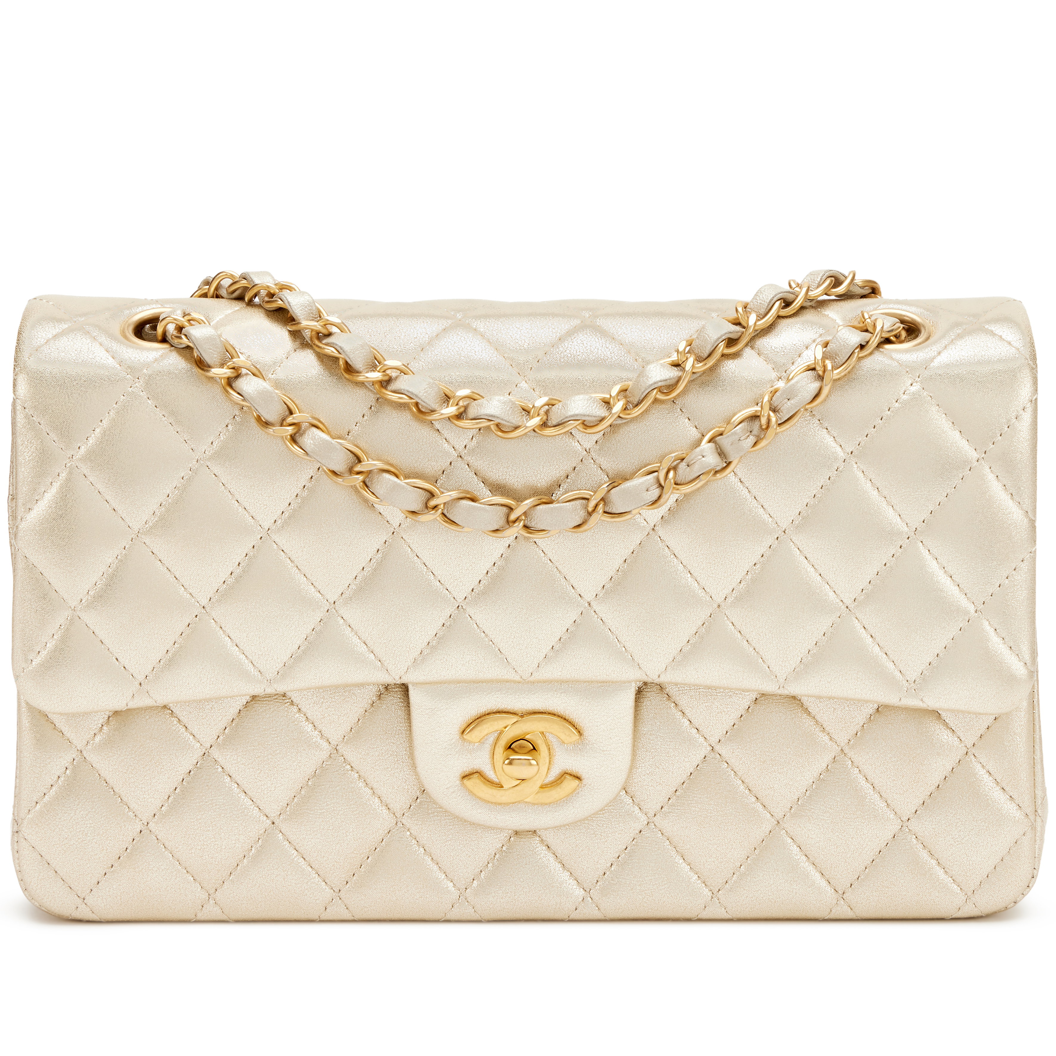 Chanel Gold Quilted Metallic Lambskin Medium Classic Double Flap
