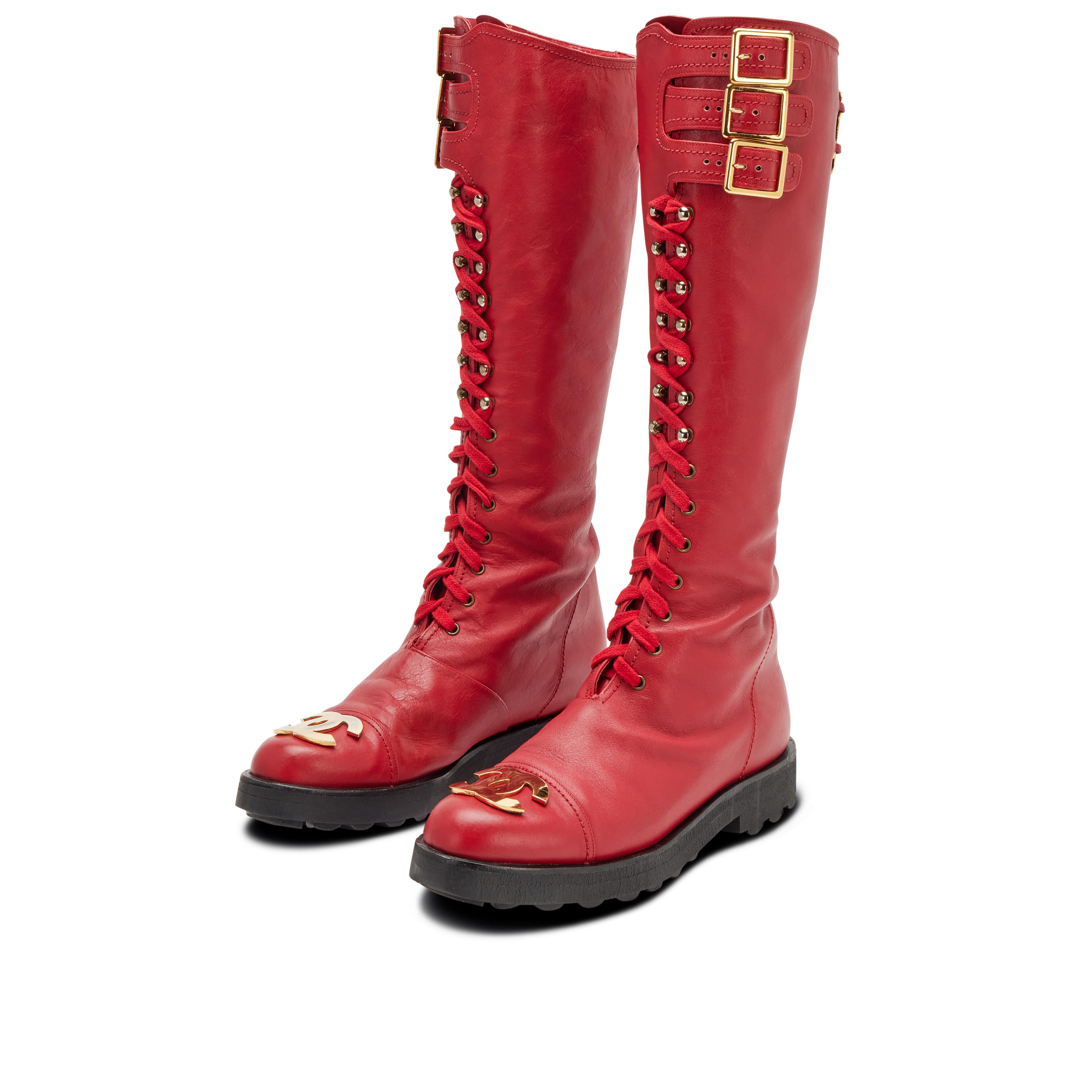 Chanel Vintage Vintage Red Leather Moto Lace-Up Tall Combat Boots