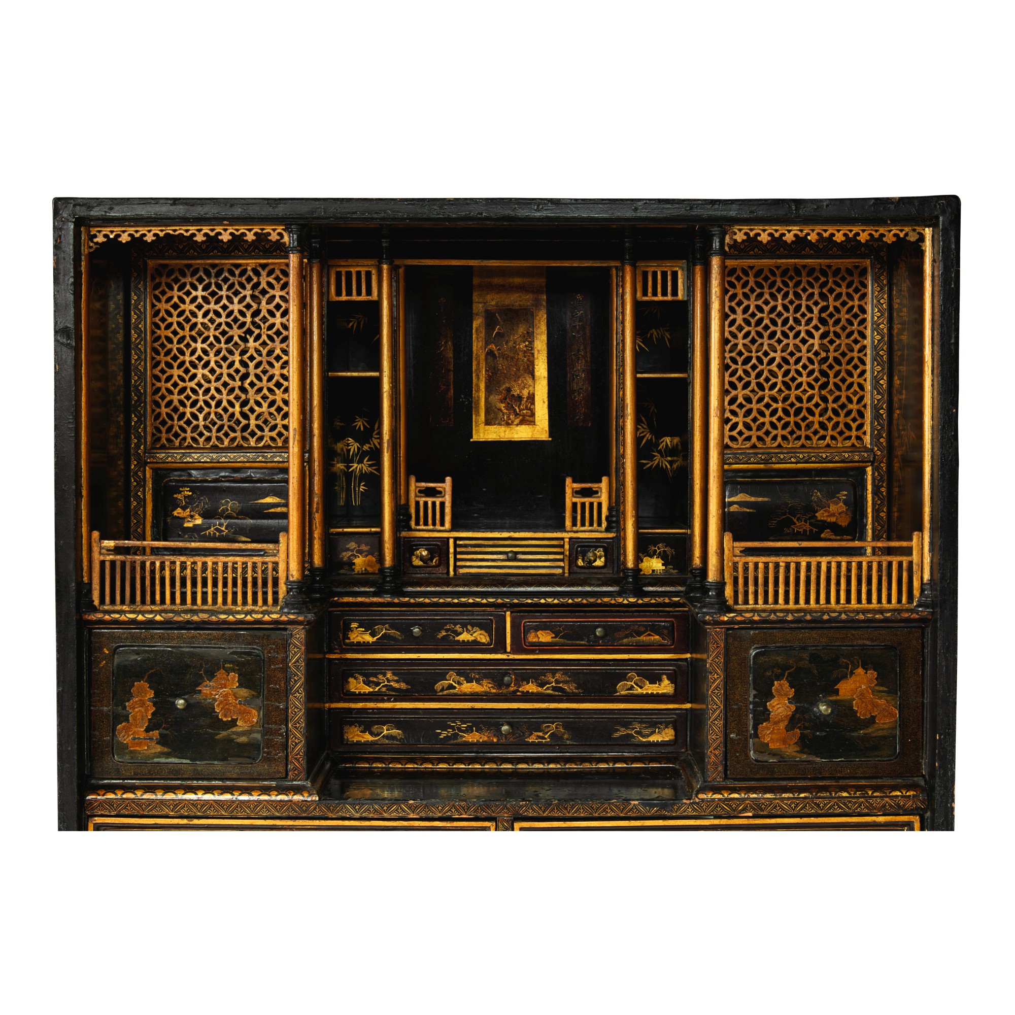 A CHINESE EXPORT BLACK AND GOLD LACQUER CABINET ON STAND ...