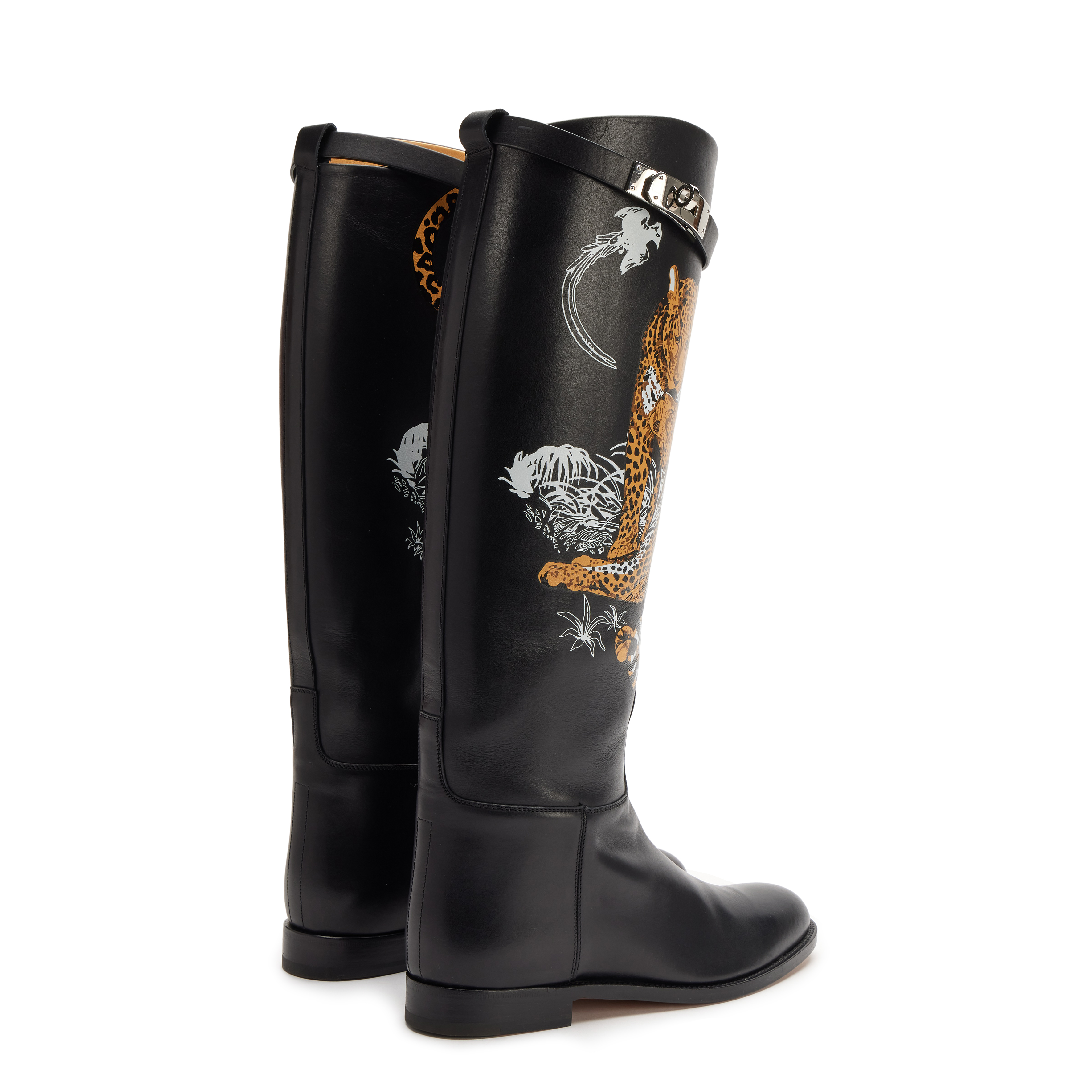 HERMES　美品！ ジャンプブーツ　ブラック Hermès Black Box Calf Kelly Jungle Love Print Jumping Boots With