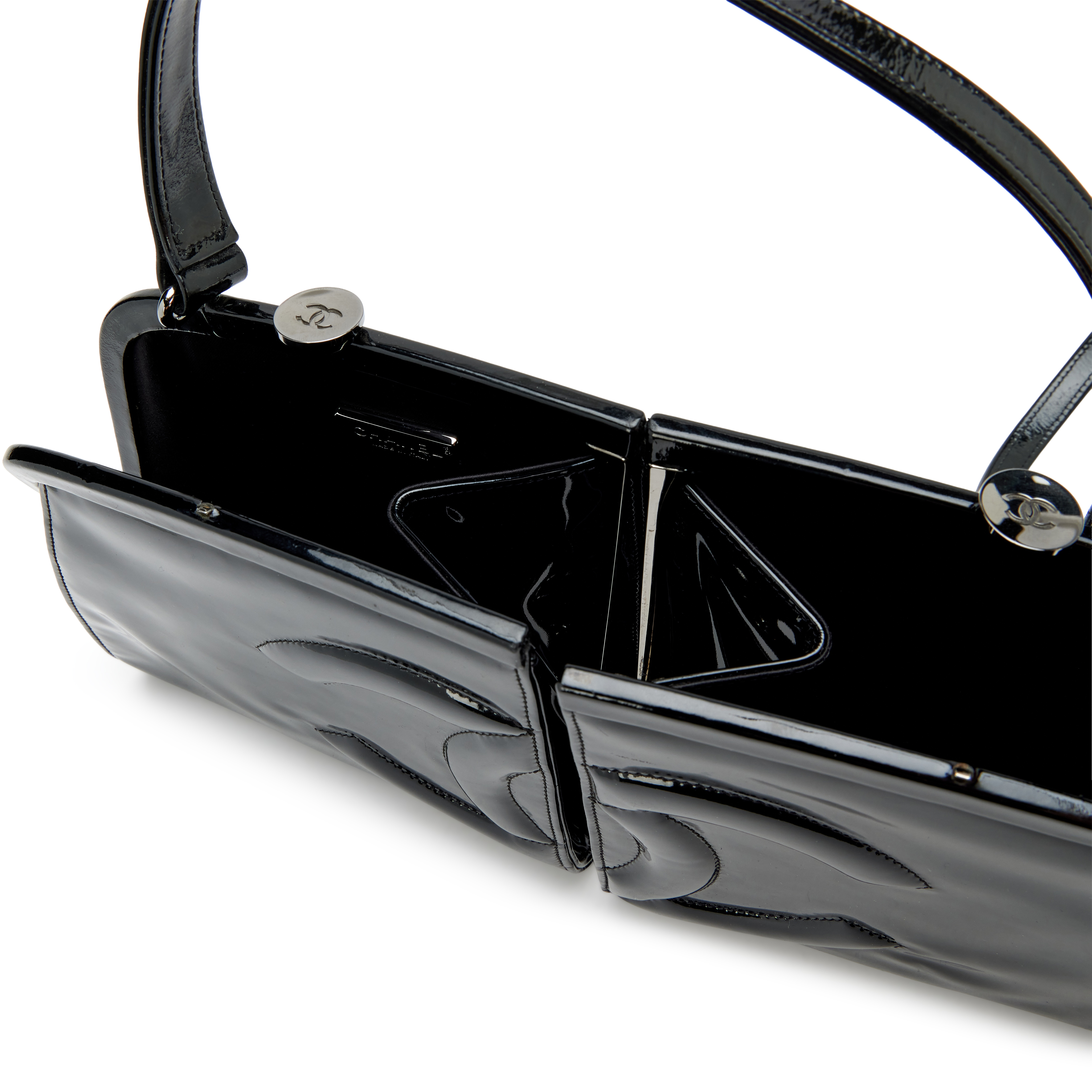 Chanel Black Patent Double CC Split Frame Bag Ruthenium Hardware