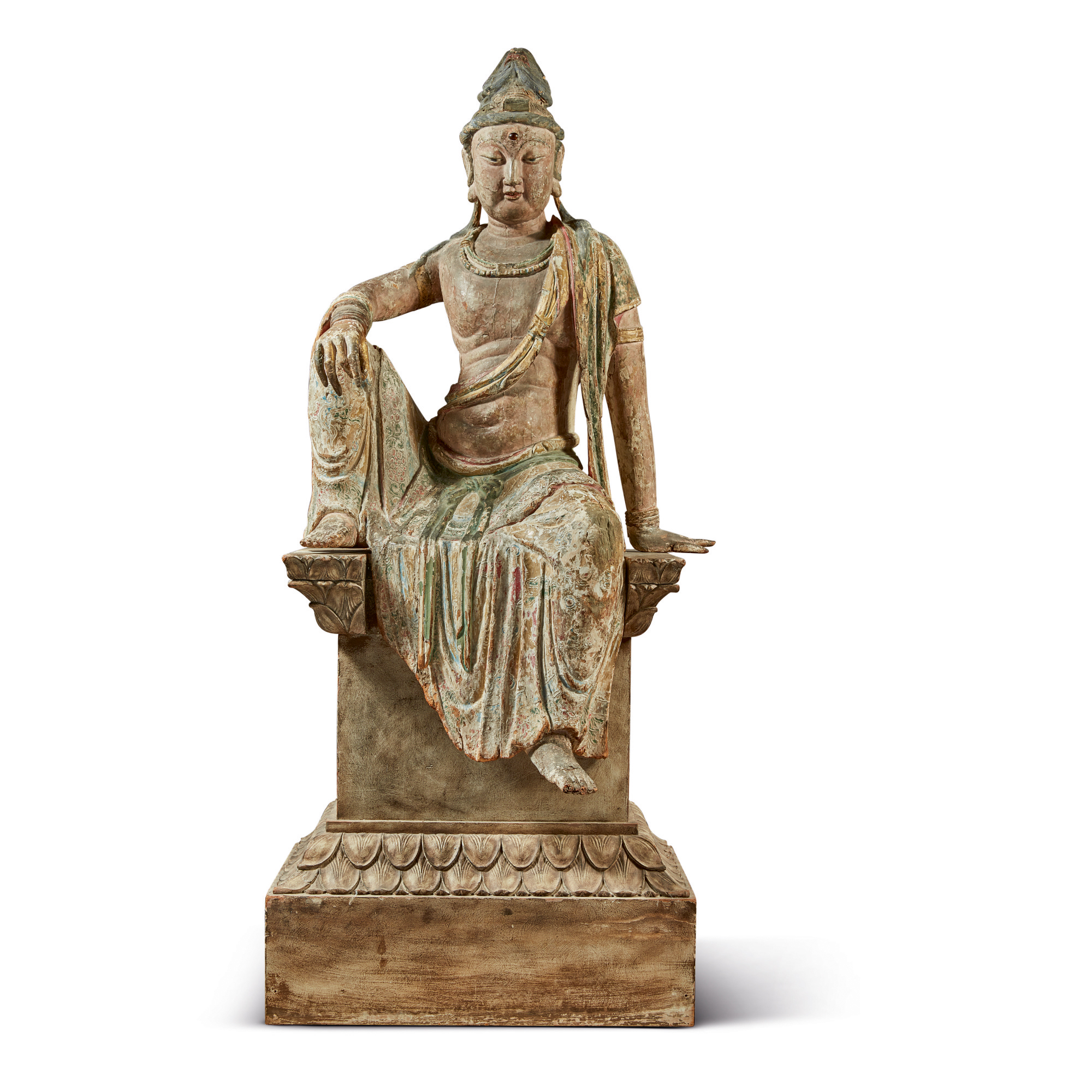 Sculpture Asiatique En Bois Polychrome – Statue Bouddhisme Vintage, Occasion, Chine