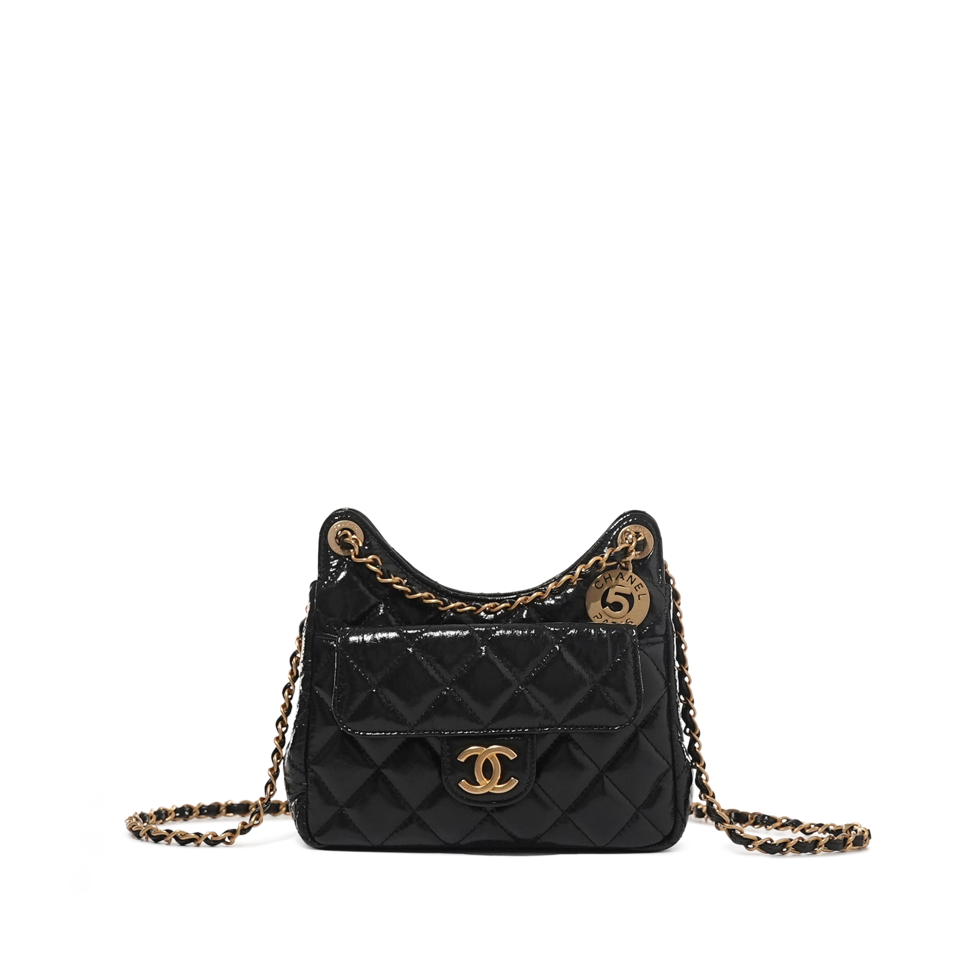 Chanel Black Quilted Patent Small Hobo Bag Brushed Gold Hardware