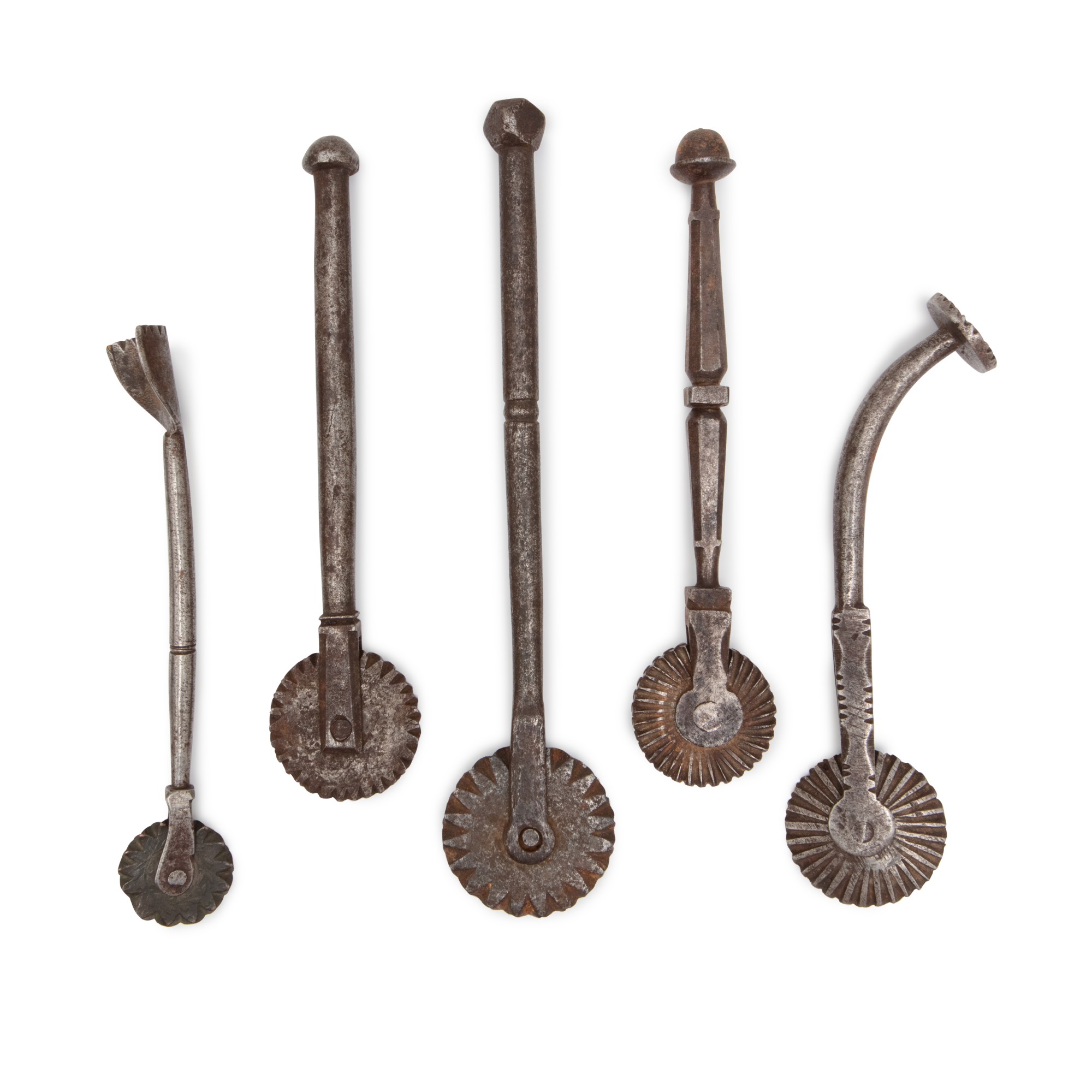 Group of Five HandWrought Iron Jagging Wheels, Southeastern Pennsylvania, Late 18th or Early