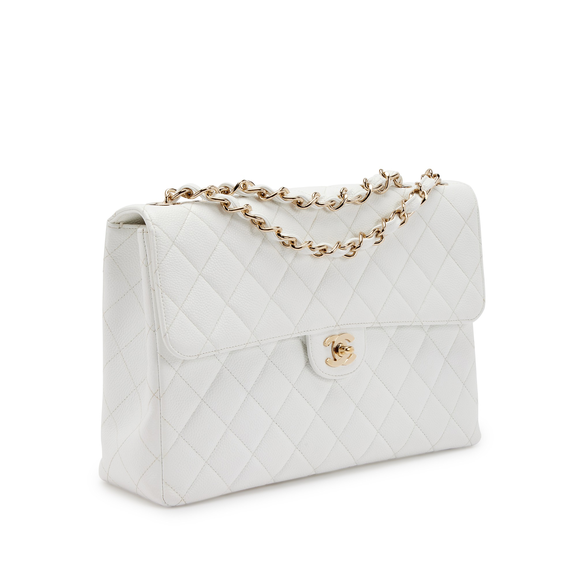 Chanel Vintage White Quilted Caviar Jumbo Classic Single Flap Gold