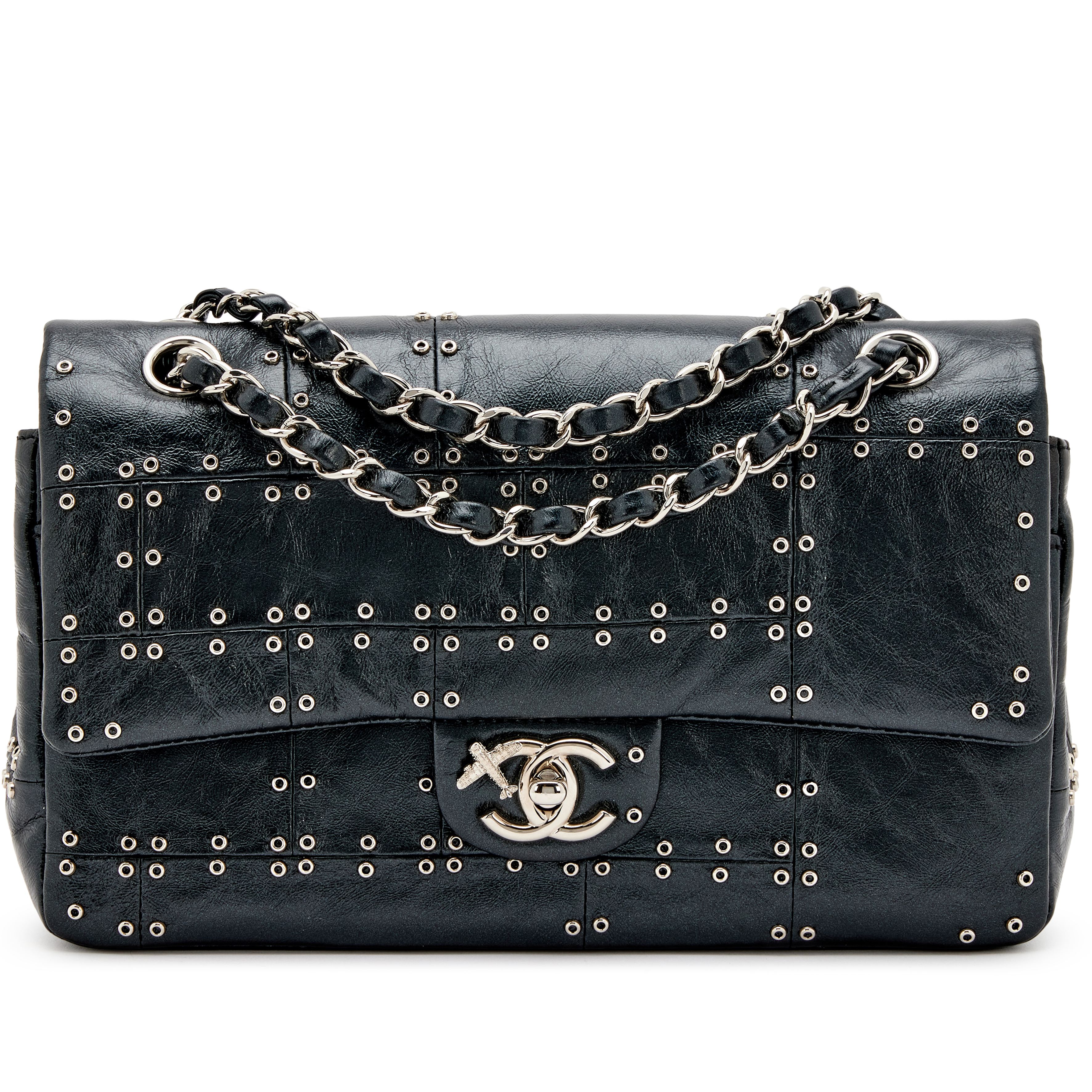 Chanel Black Glazed Calfskin Airlines Medium Double Flap Bag