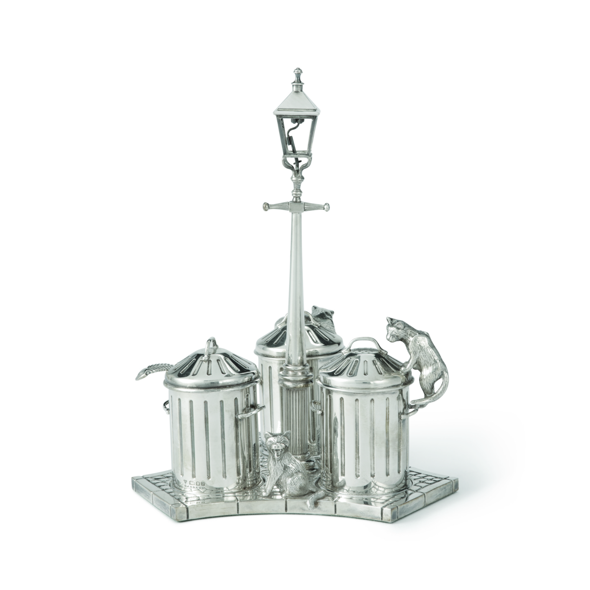 AN ENGLISH SILVER NOVELTY "CAT" CRUET SET, GARRARD & CO. LTD., LONDON
