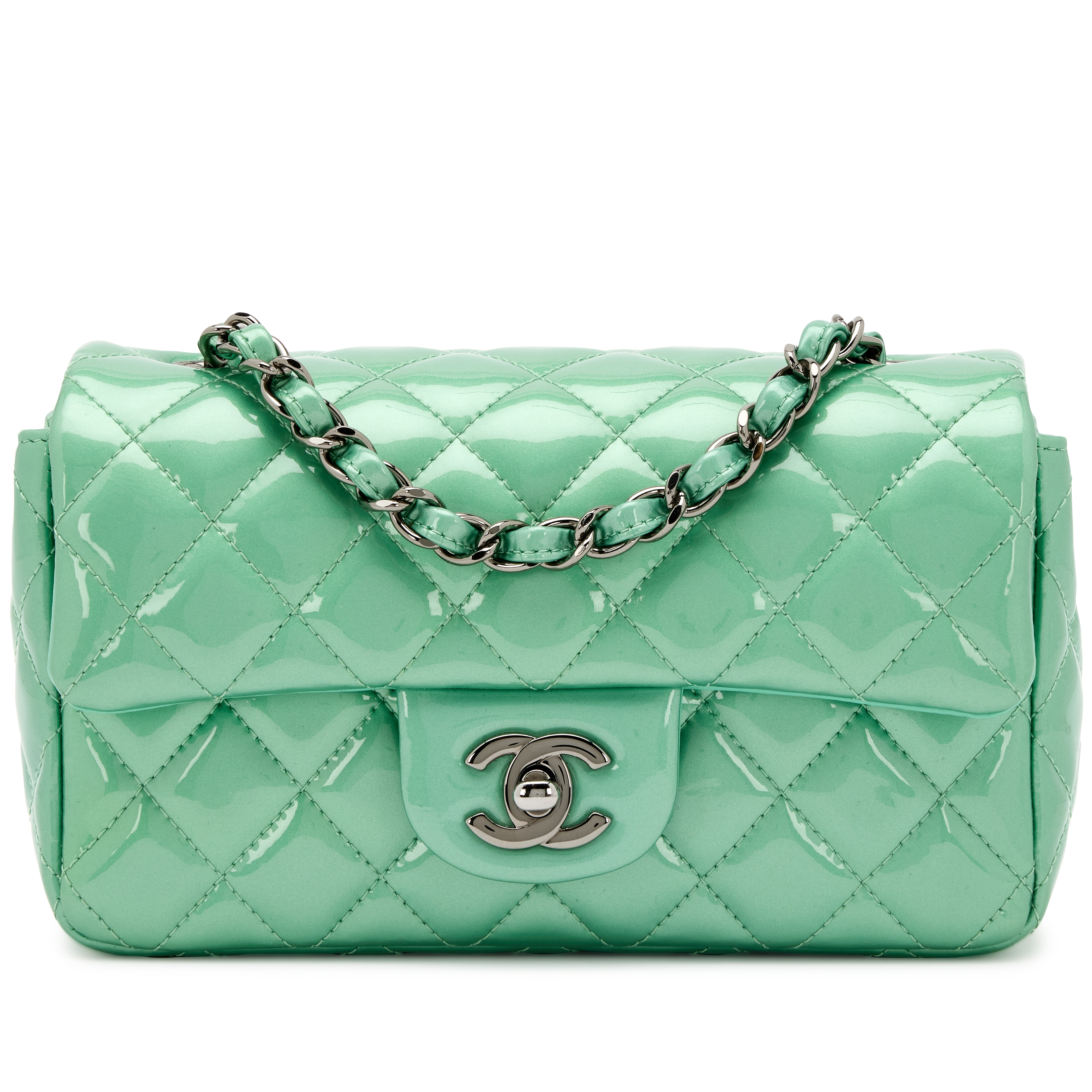 Chanel Green Quilted Patent Mini Rectangular Classic Single Flap