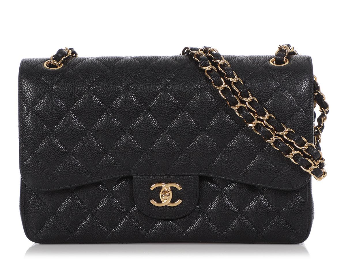 Chanel Black Quilted Caviar Jumbo Classic Double Flap Bag Gold Hardware