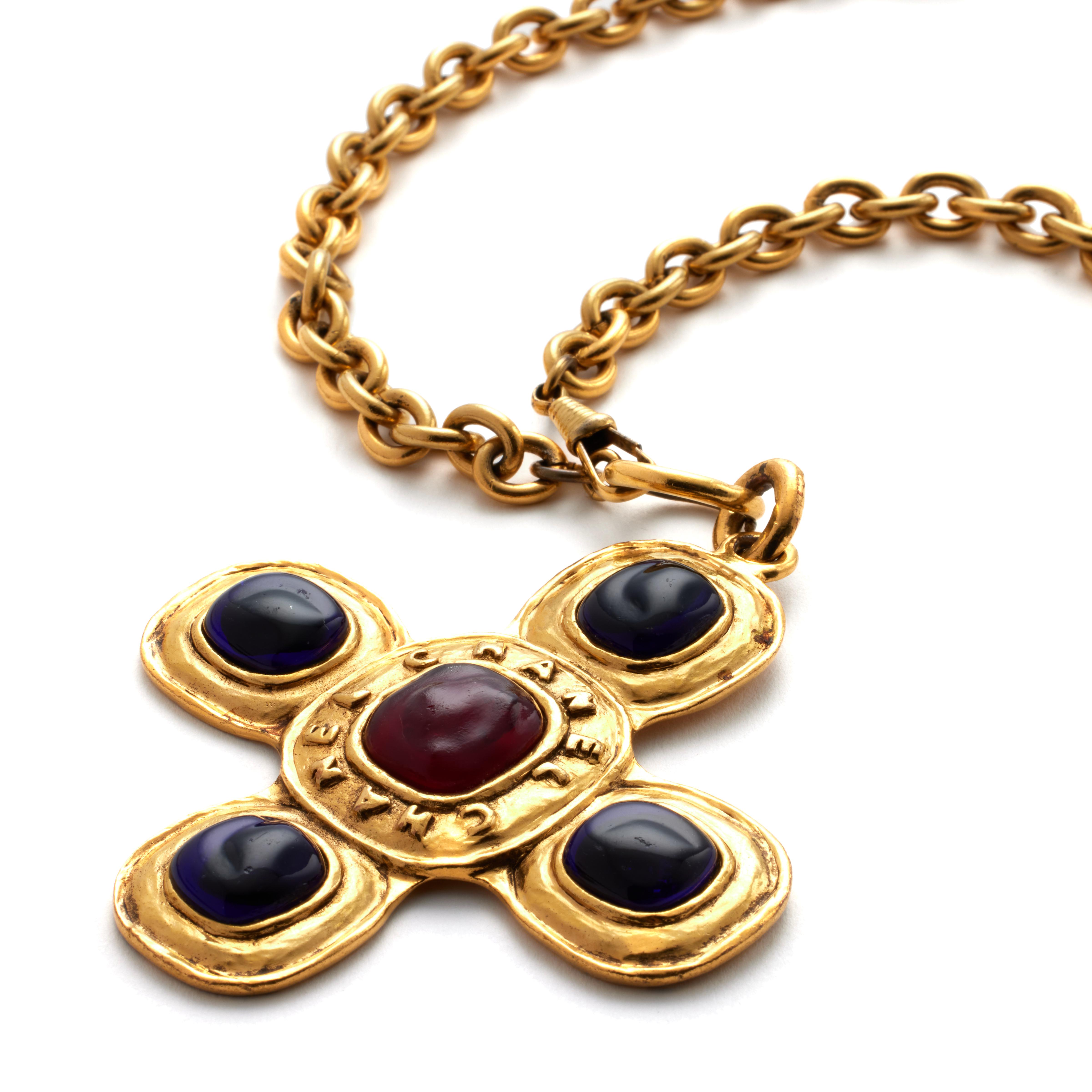 Chanel Vintage Blue And Red Gripoix Large Cross Gold Metal