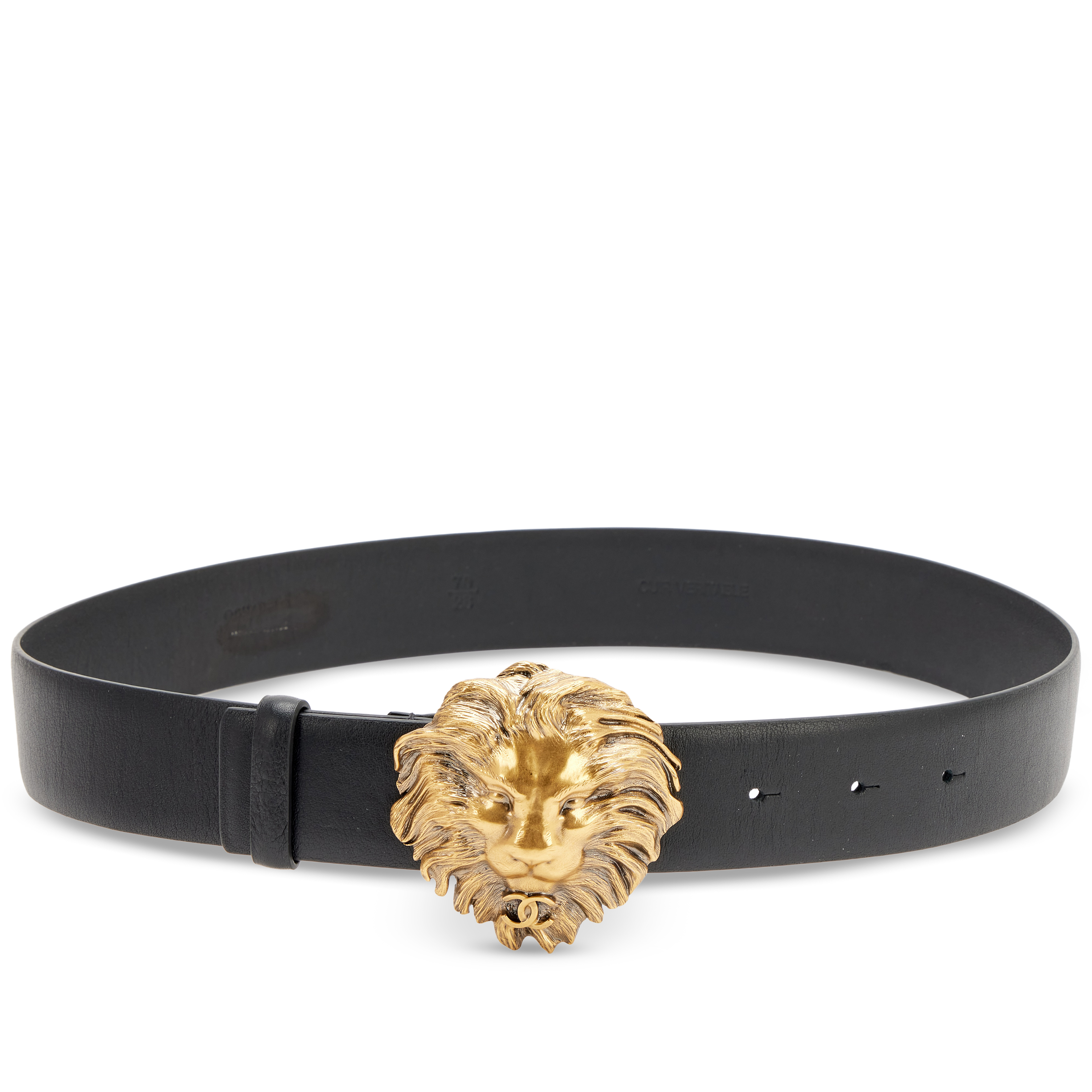 CHANEL ブラックレザー ベルト 70/28 Chanel Black Leather Gold Metal Lion Head Buckle Belt Size 70/28