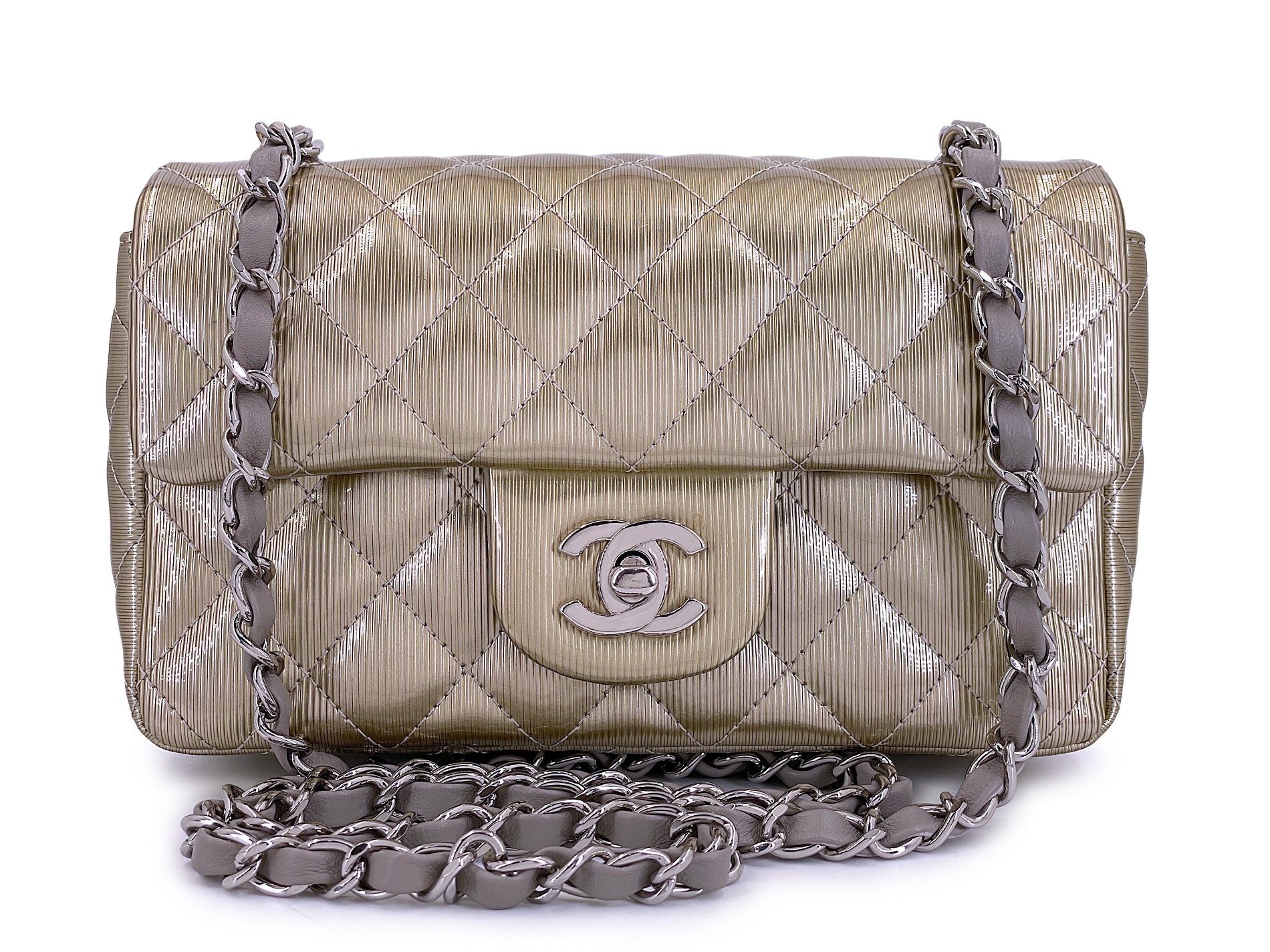 Chanel Pewter Textured Patent Rectangular Mini Flap Bag Ruthenium
