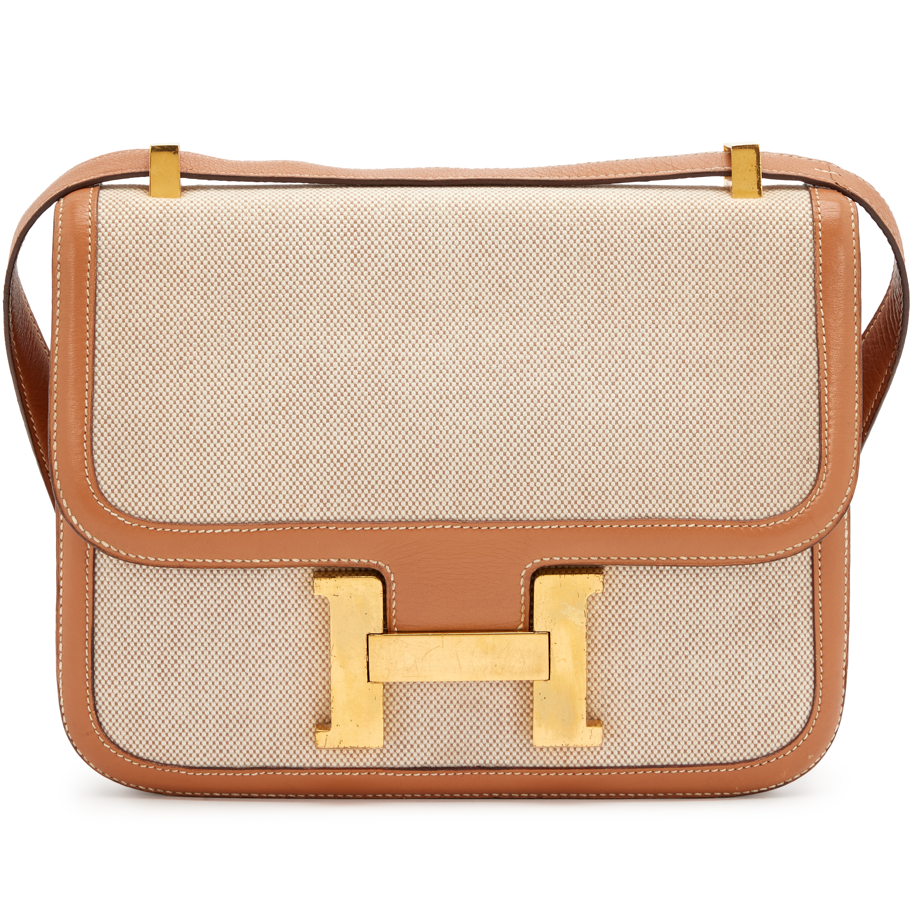 Hermès Vintage Natural Toile And Gold Box Calf Constance 23