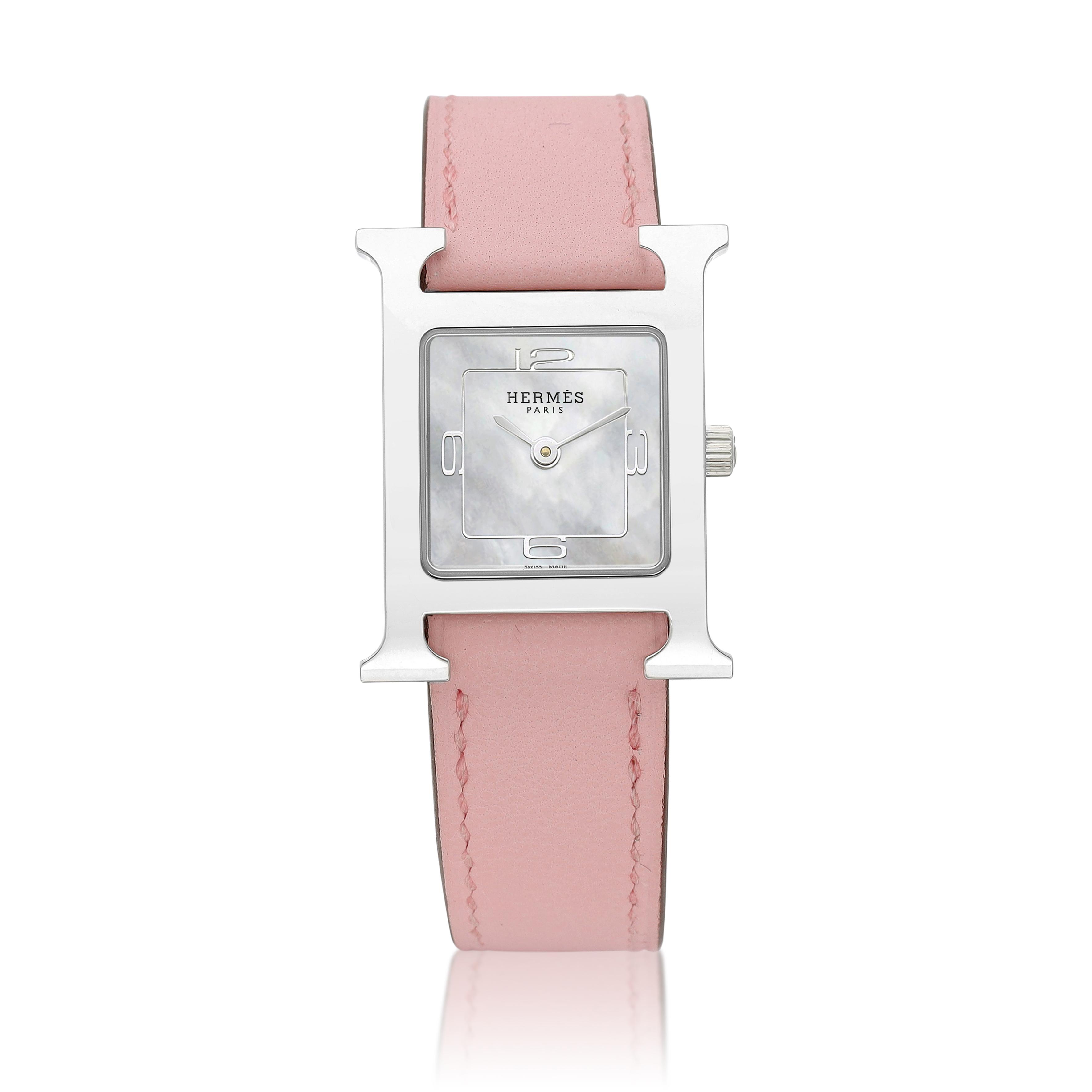 Hermès Heure H Watch Rose Sakura Swift Strap Palladium Hardware