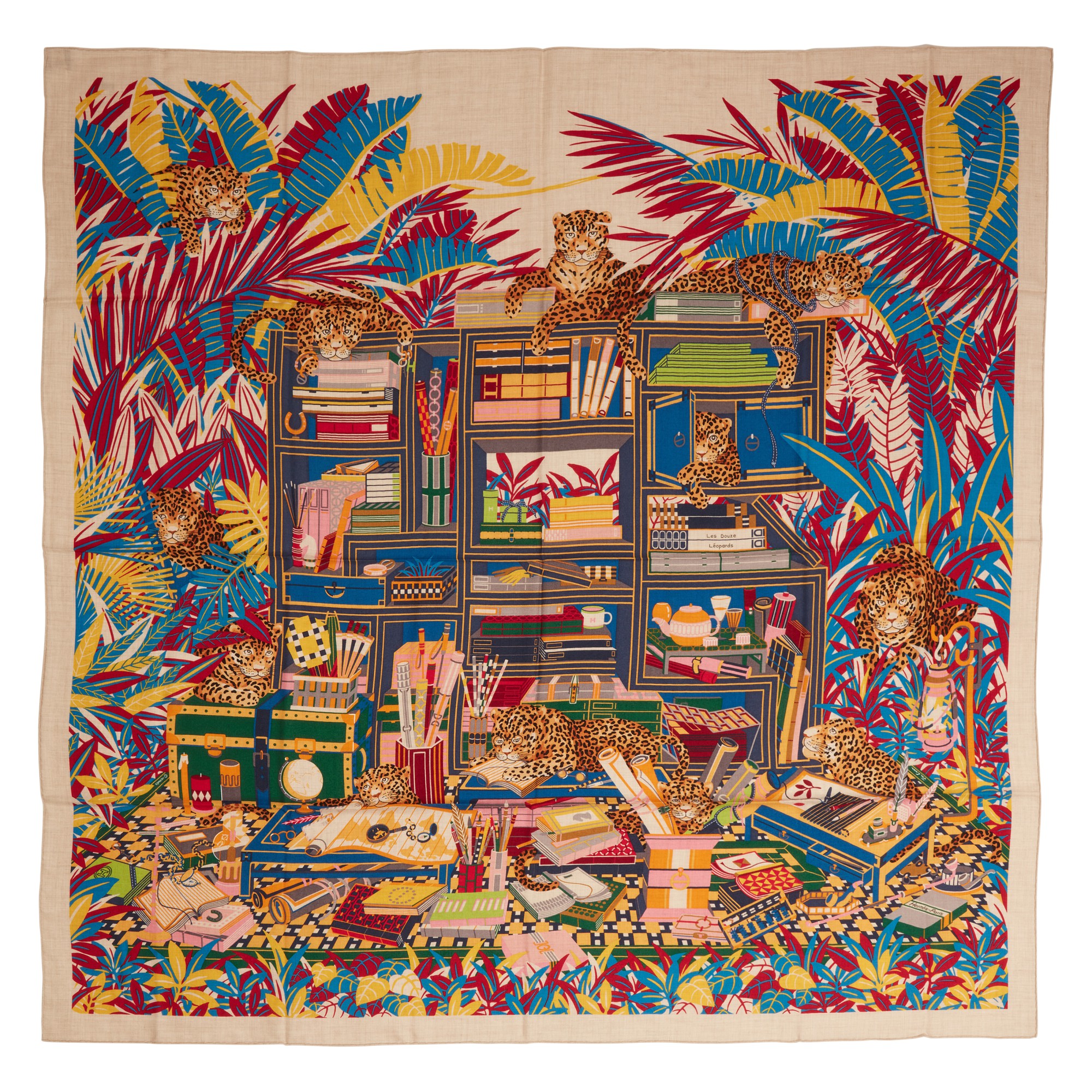 HERMES エルメス完全カタログ Vol.12 Hermès Multicolor Cashmere And Silk Les 12 Leopards Shawl 140