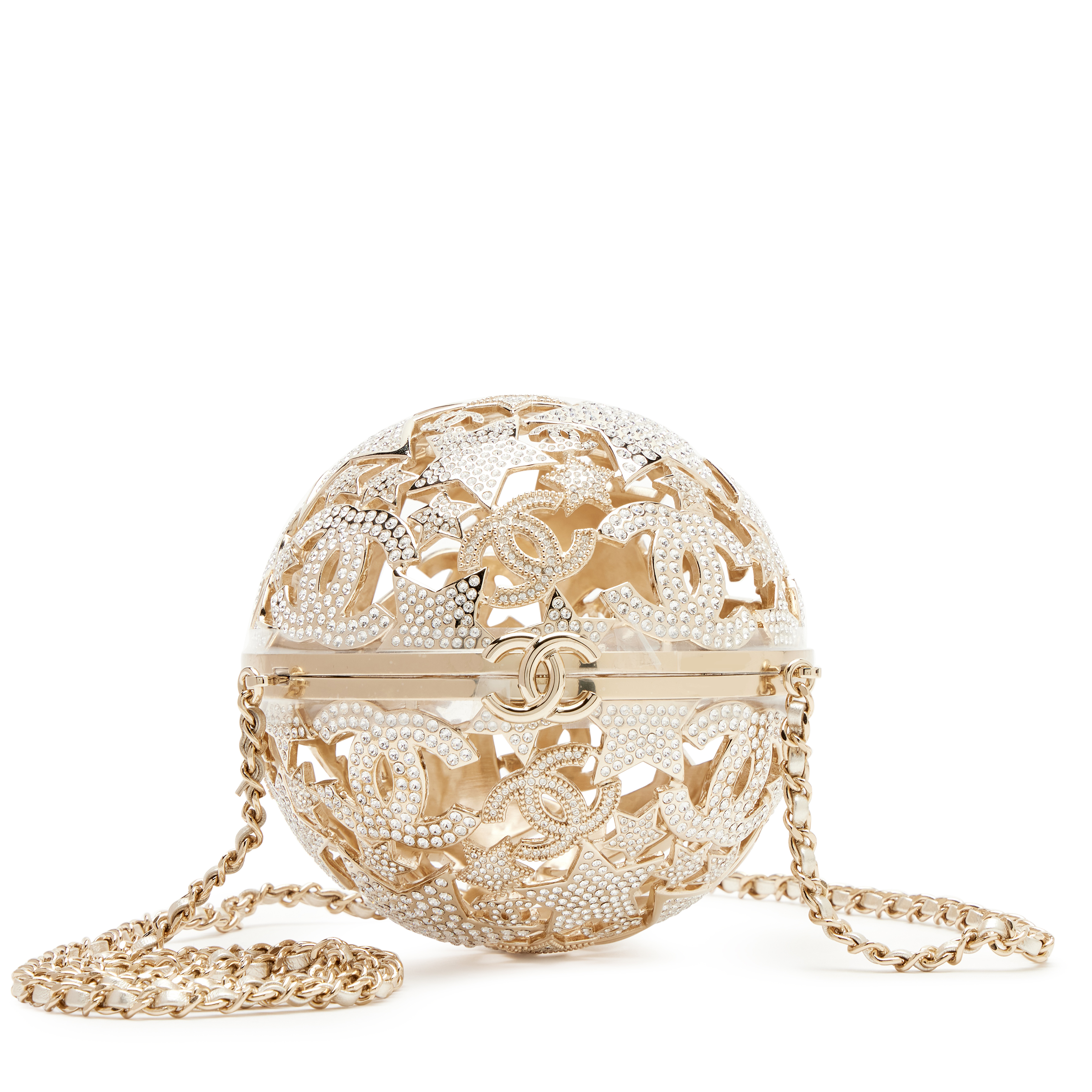 Chanel Gold Metal Strass Crystal Sphere Minaudiere Clutch Gold