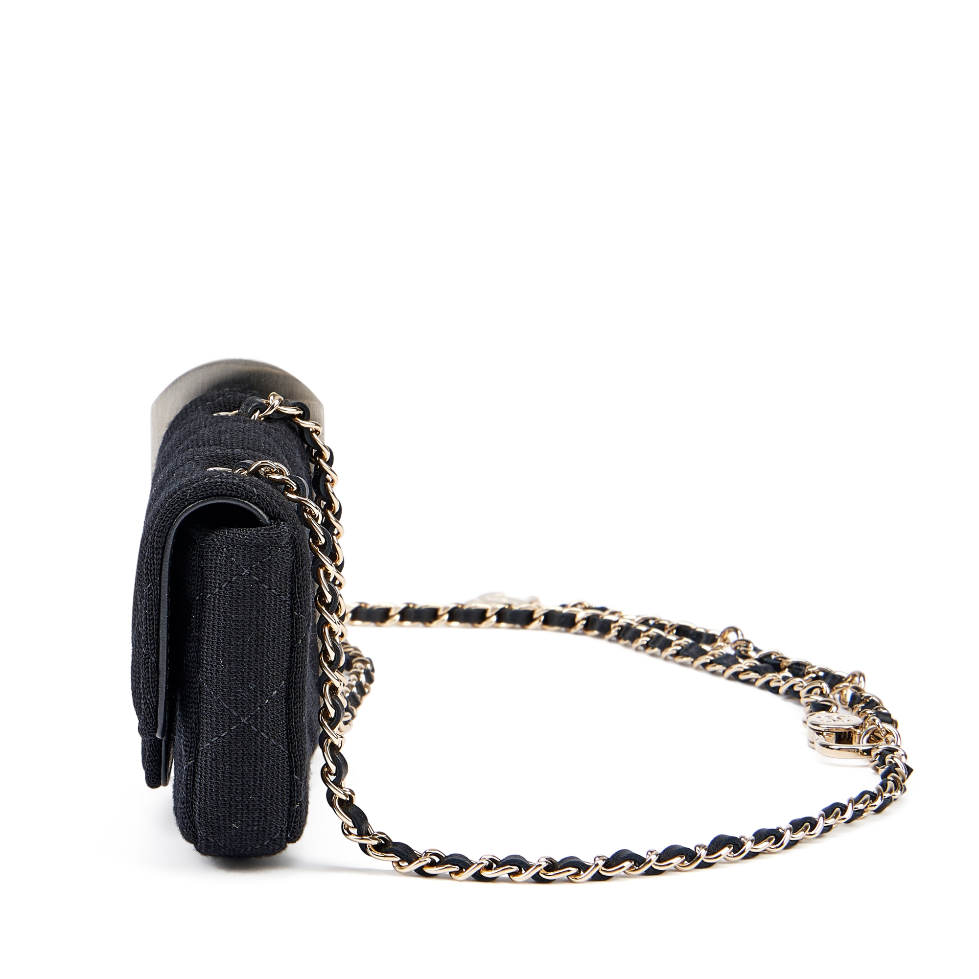 Black Quilted Jersey Fabric Mini Flap Belt Bag Gold Hardware, 2020