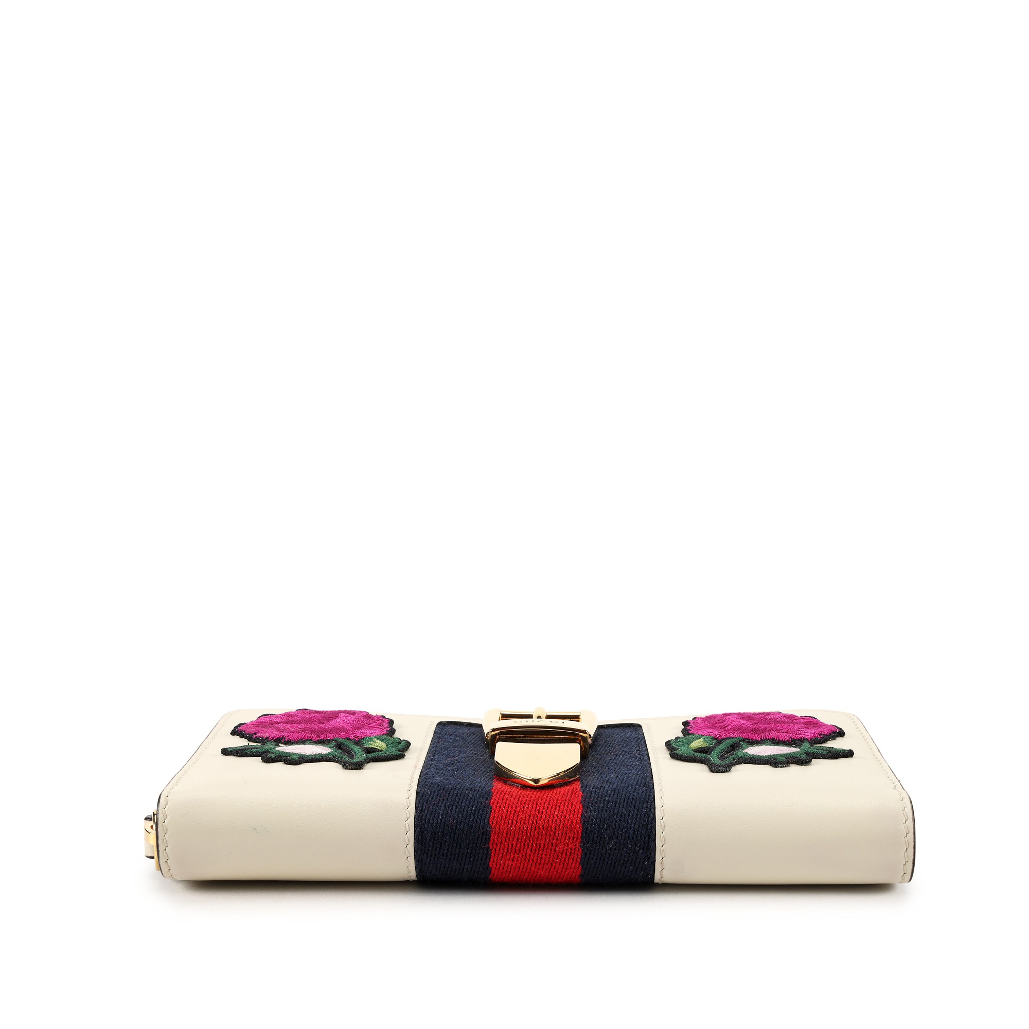 Gucci White Leather And Embroidered Patch Sylvie Long Wallet Gold