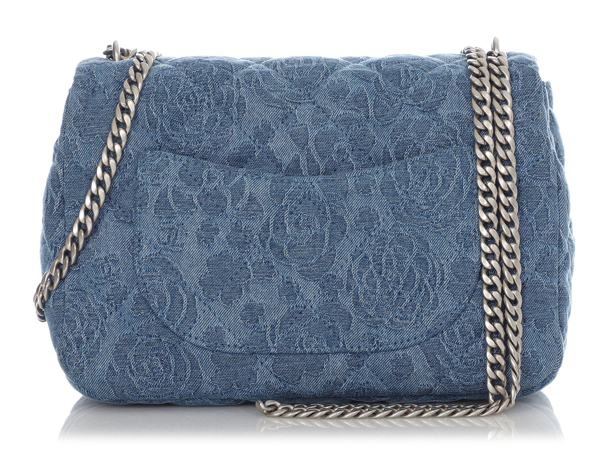 Chanel Camellia Denim Sweetheart Medium Flap Bag Silver