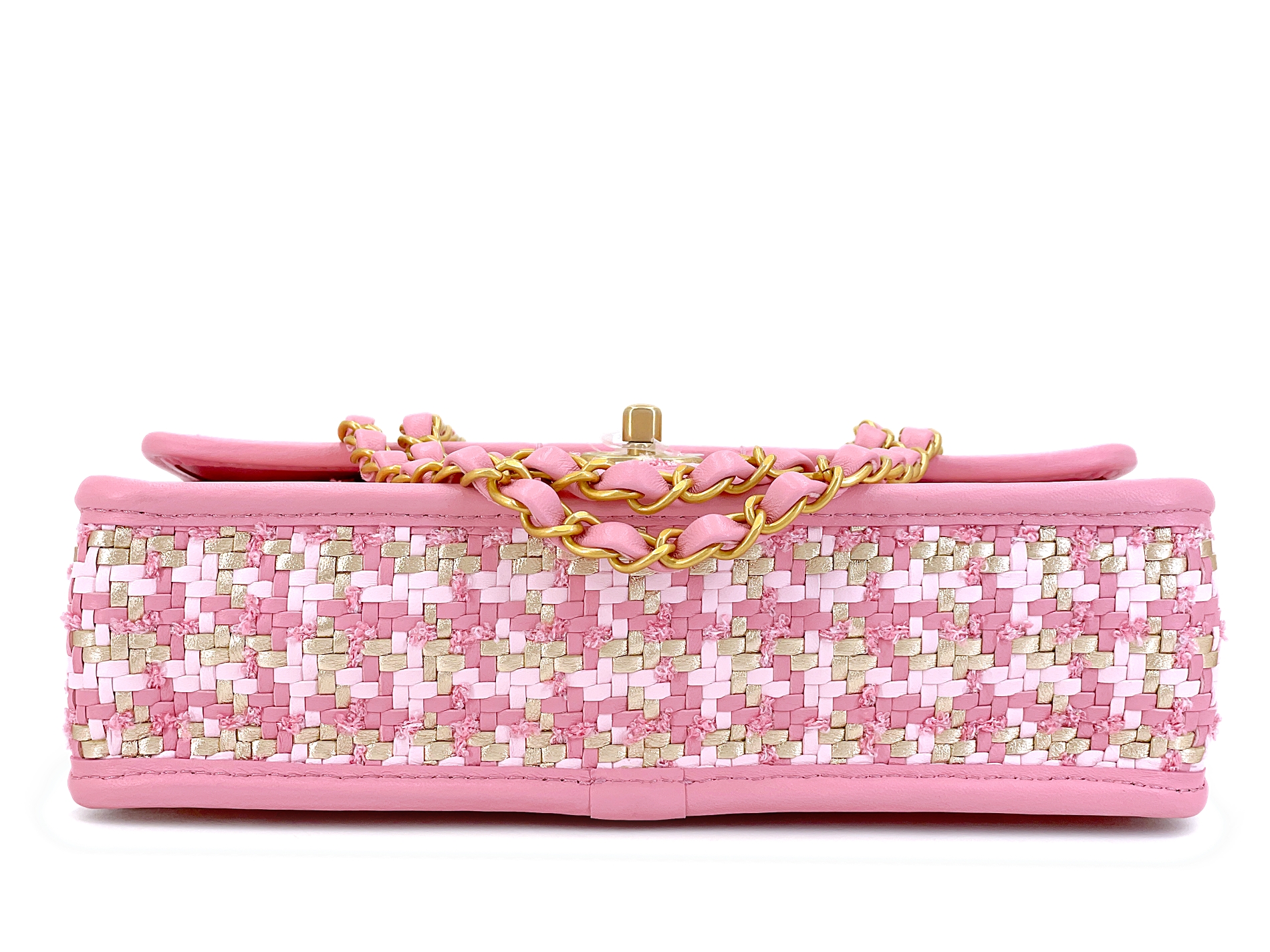 Chanel Pink, Gold, And White Woven Lambskin Houndstooth Flap Bag