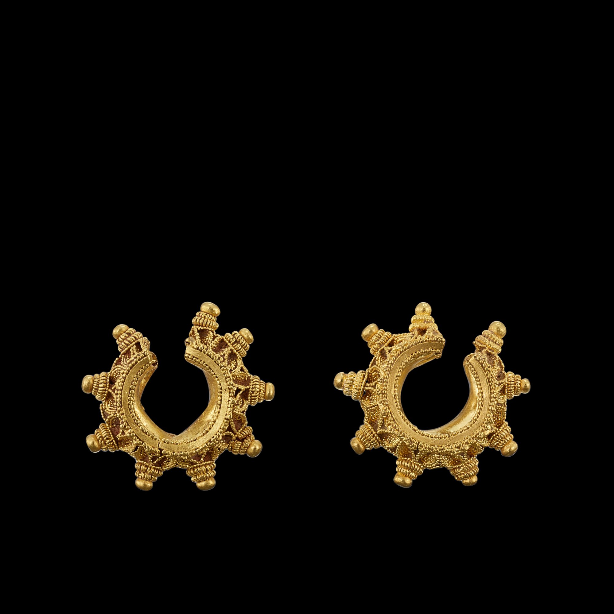A pair of granulated solid gold earrings Java, Indonesia, 7th - 12th ...