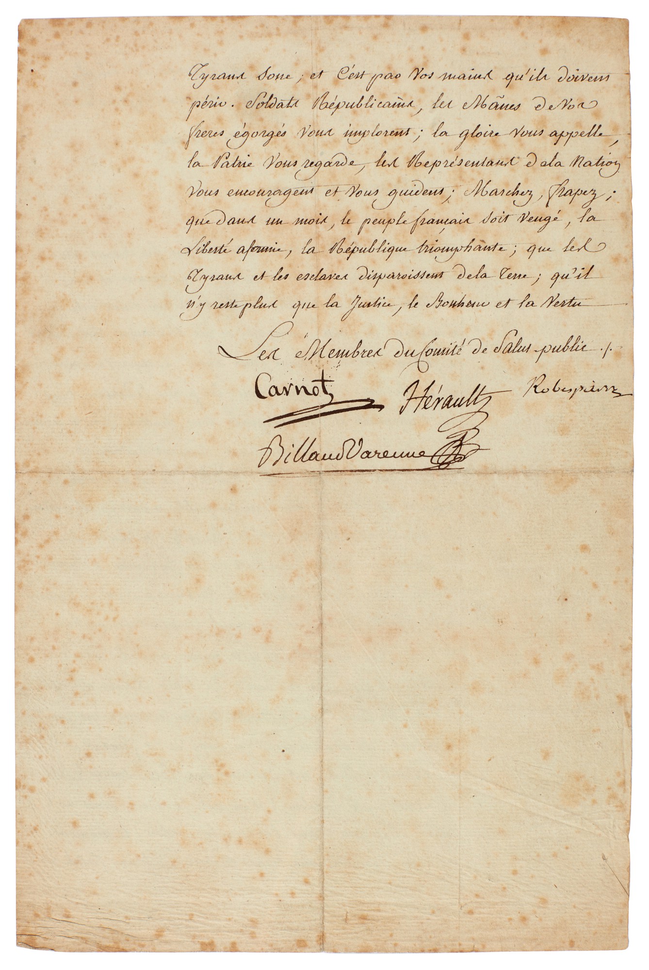 Robespierre Signed manuscript copy of a message to the army on