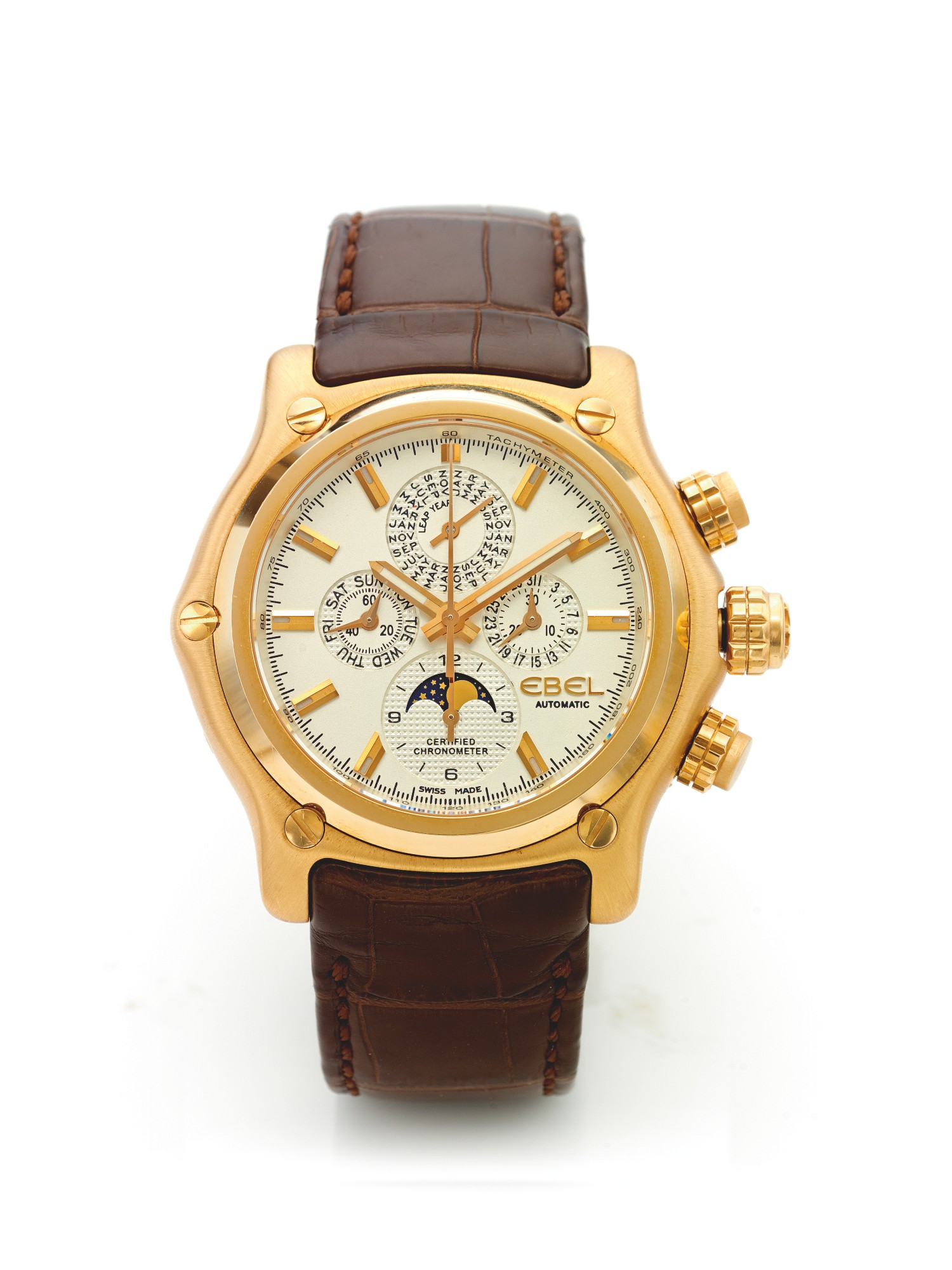 EBEL A PINK GOLD AUTOMATIC PERPETUAL CALENDAR CHRONOGRAPH WRISTWATCH