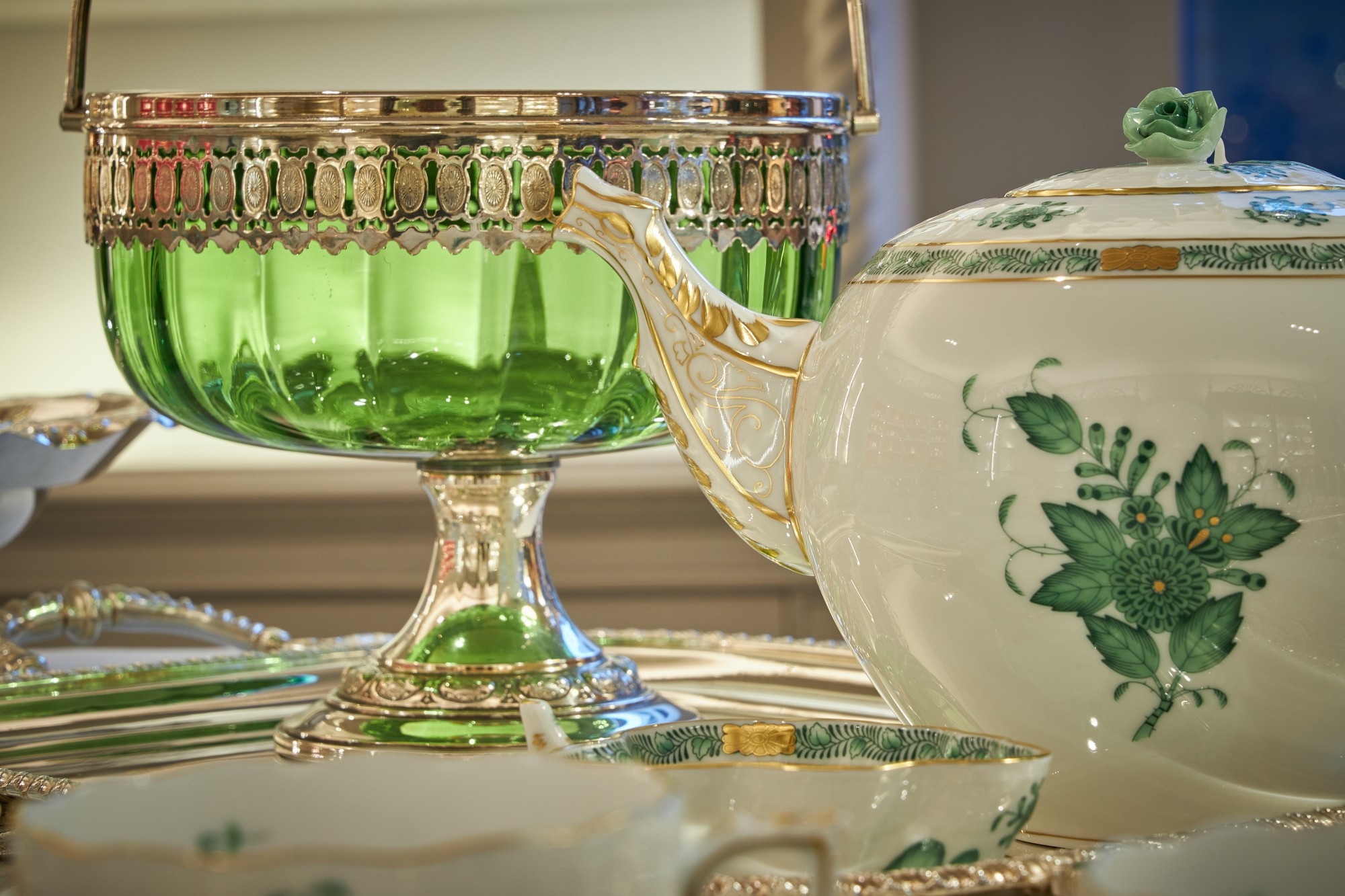 A Herend 'Apponyi Green' pattern part tea service, various dates