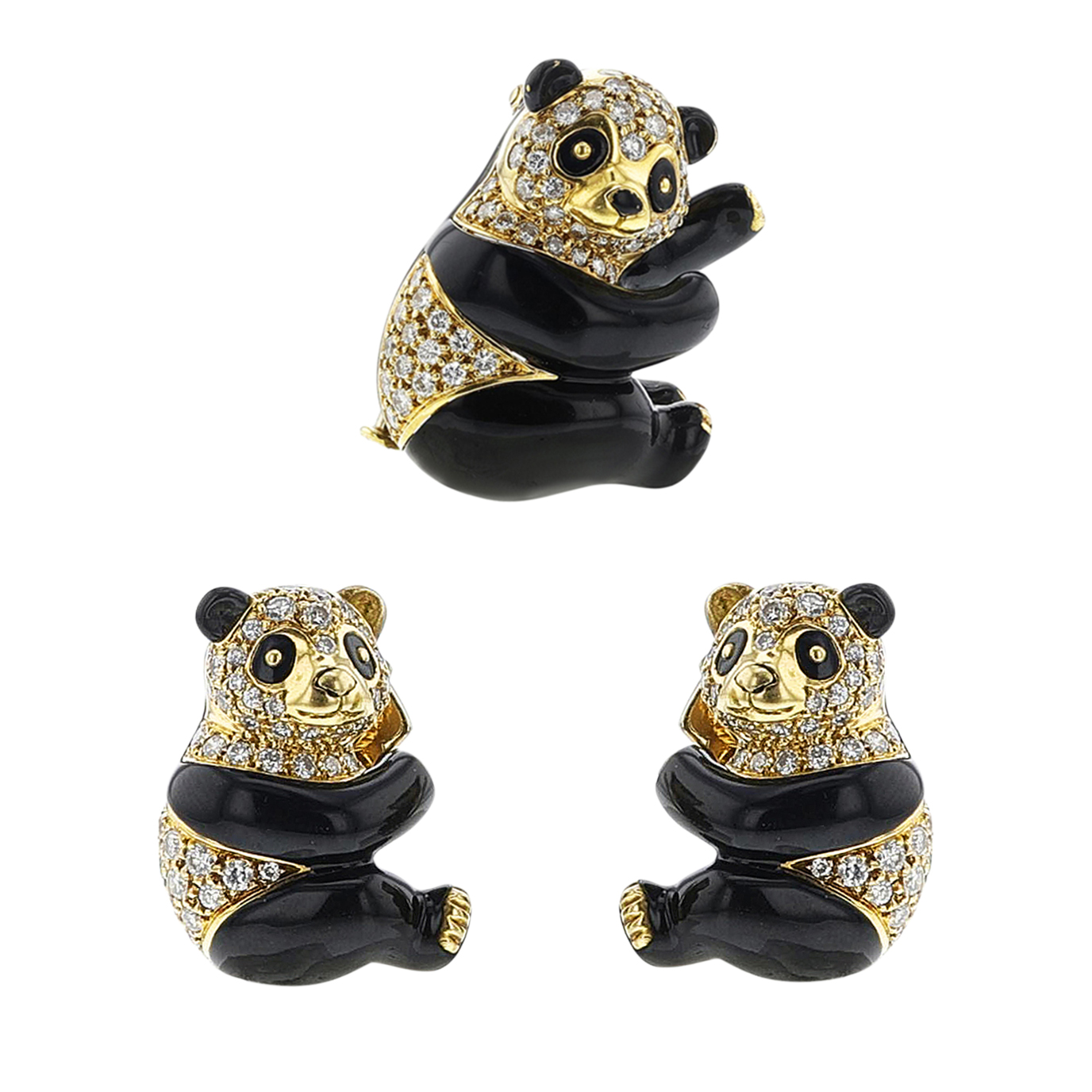 Broche Animalière Panda Et Koala En Or Avec Cristaux Et Rubis - Modèle 1914, Parfait état (occasion)