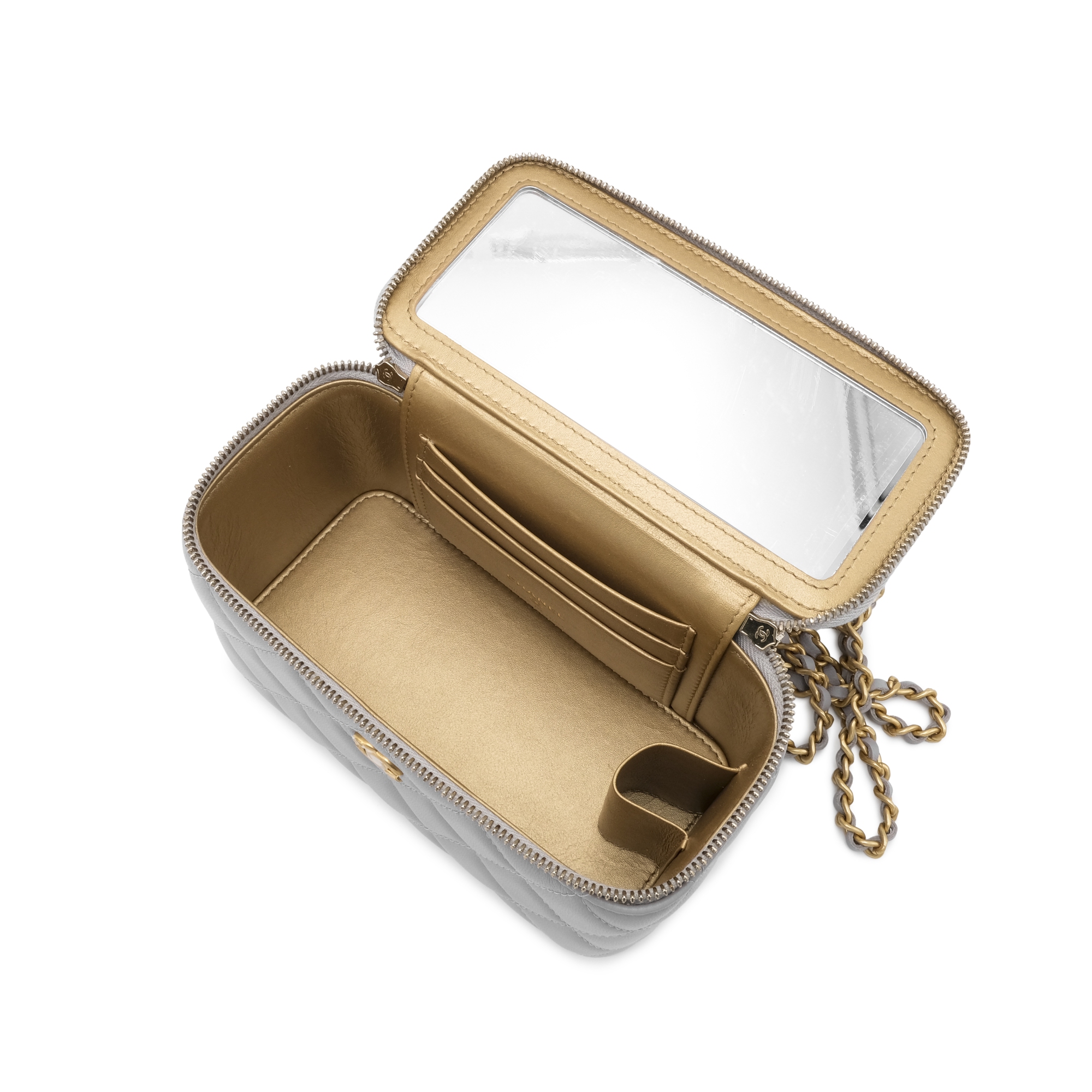 Chanel Light Grey Quilted Lambskin Vanity Case Gold Hardware