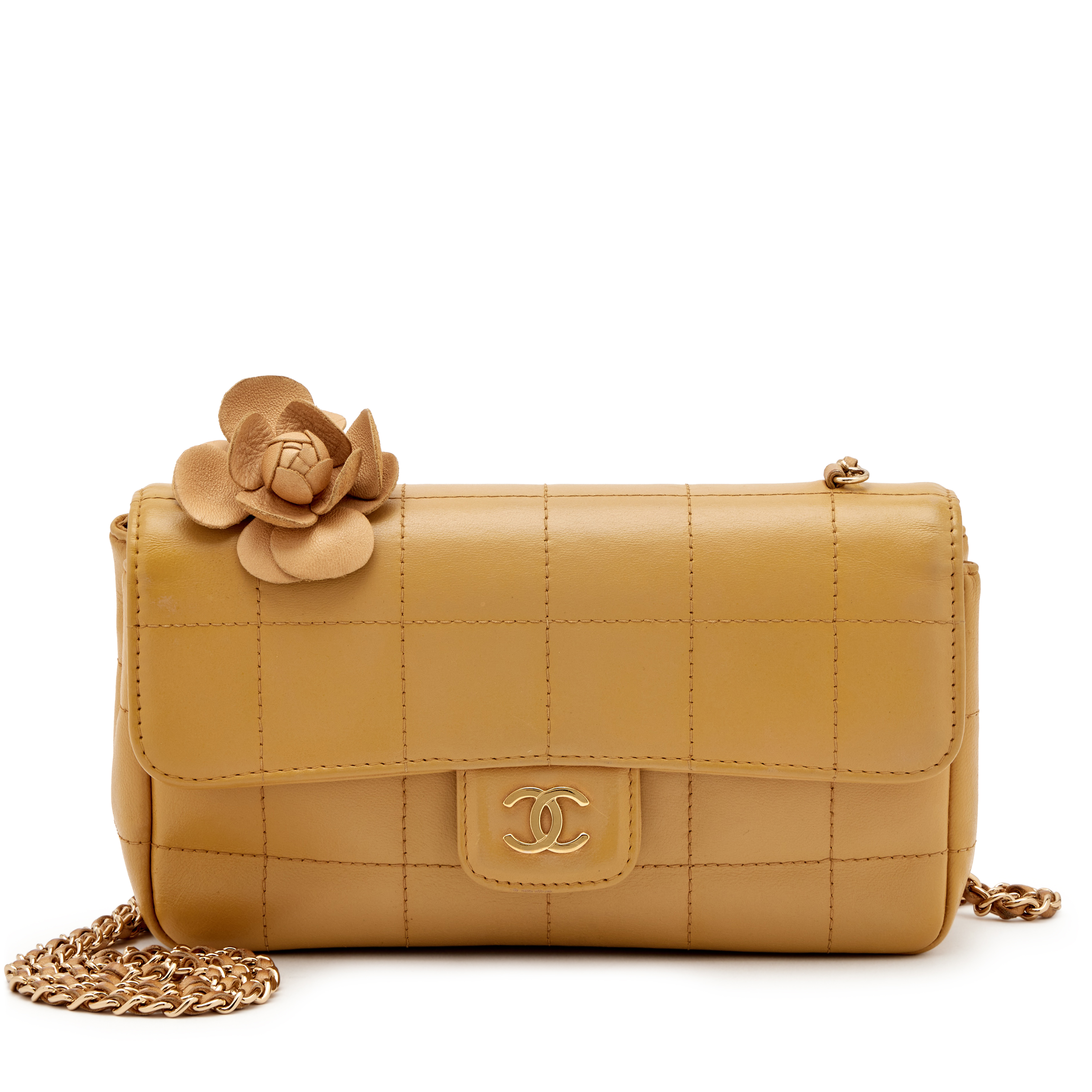 Chanel Mustard Yellow Quilted Lambskin Mini Square Camellia Flap