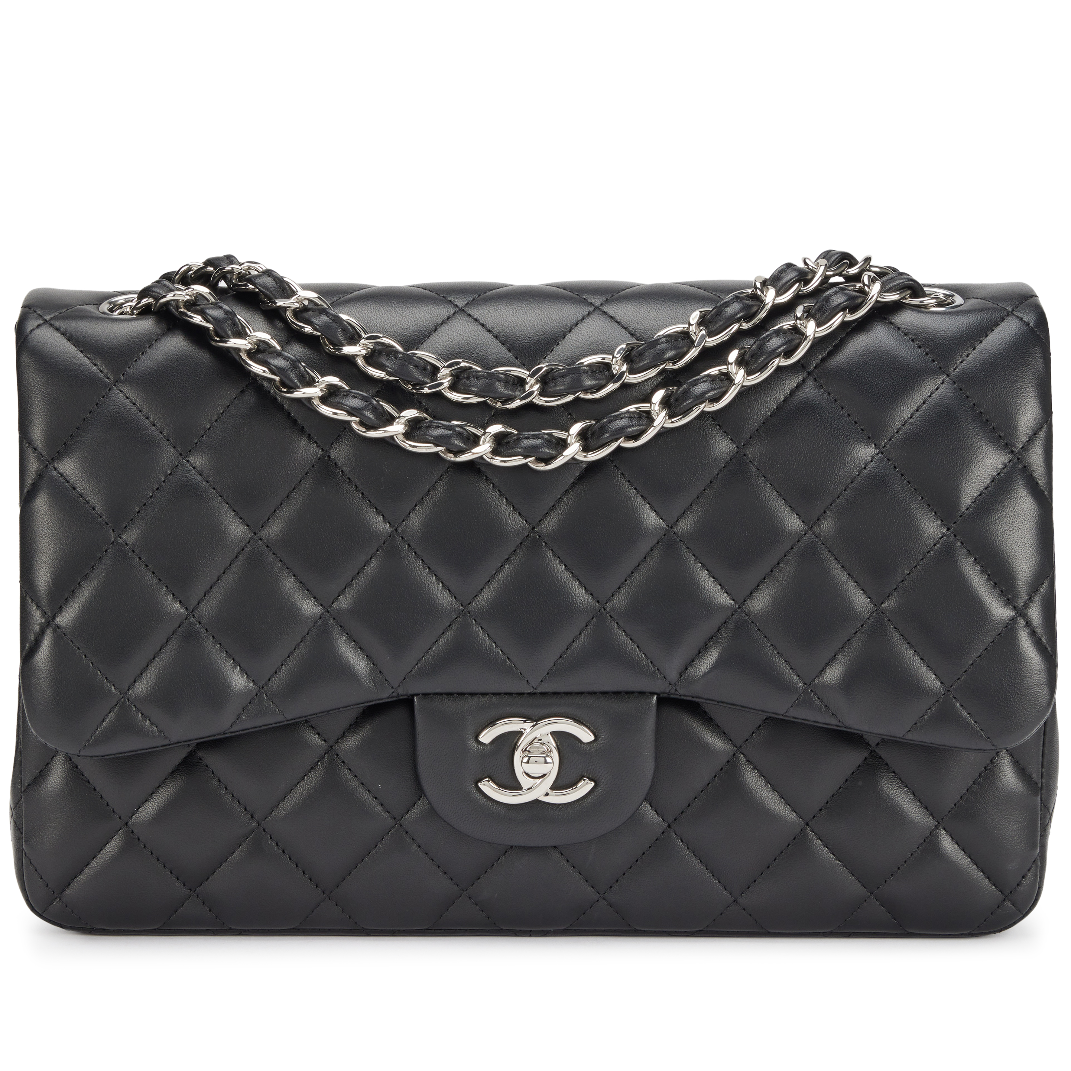 Chanel Black Quilted Lambskin Jumbo Classic Double Flap Bag Silver