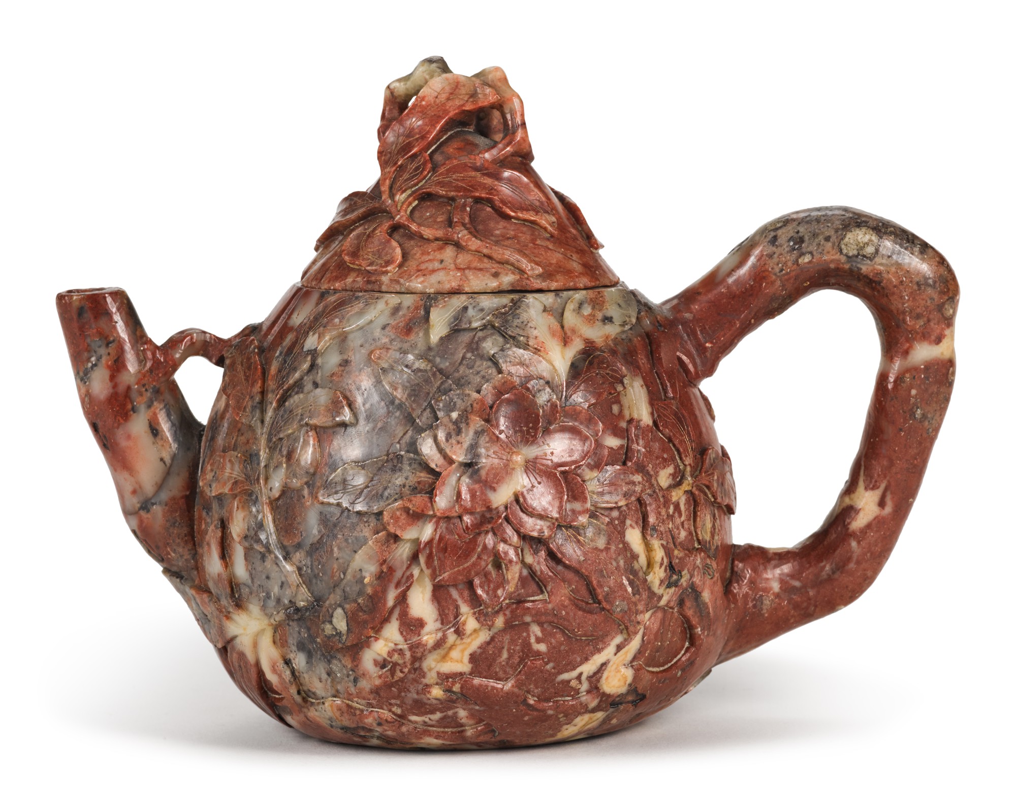A SOAPSTONE TEAPOT 20TH CENTURY 蓋壺或為清康熙 壽山石雕梅花紋蓋壺 A Scholar’s