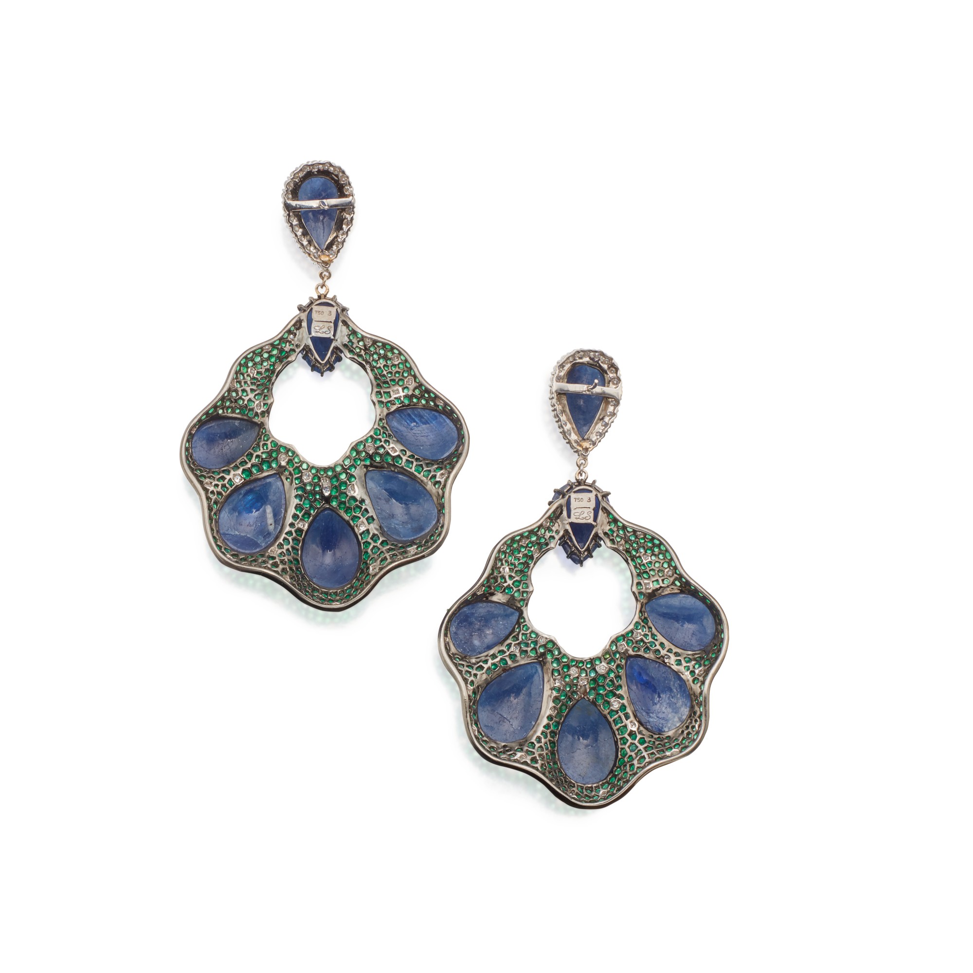 Lorraine Schwartz Pair of Sapphire, Emerald and Diamond PendantEarrings Fine Jewels 2020