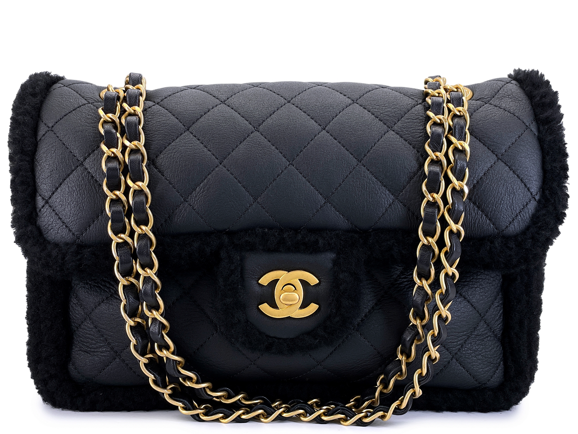 Chanel Black Shearling Muff Flap Bag Gold, 2020s Available For
