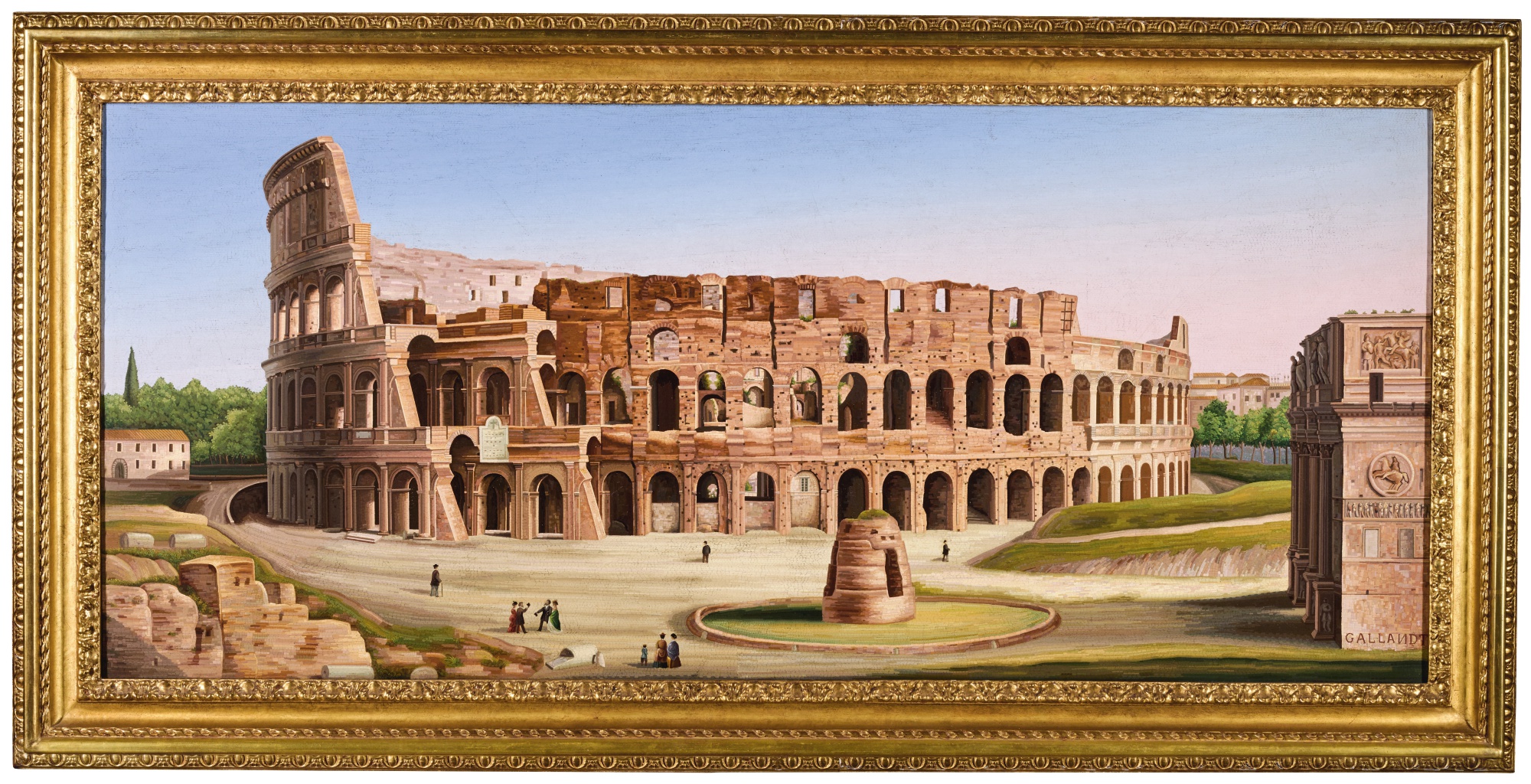 A LARGE SCALE ITALIAN MICROMOSAIC PANEL OF THE COLOSSEUM, ROME CIRCA