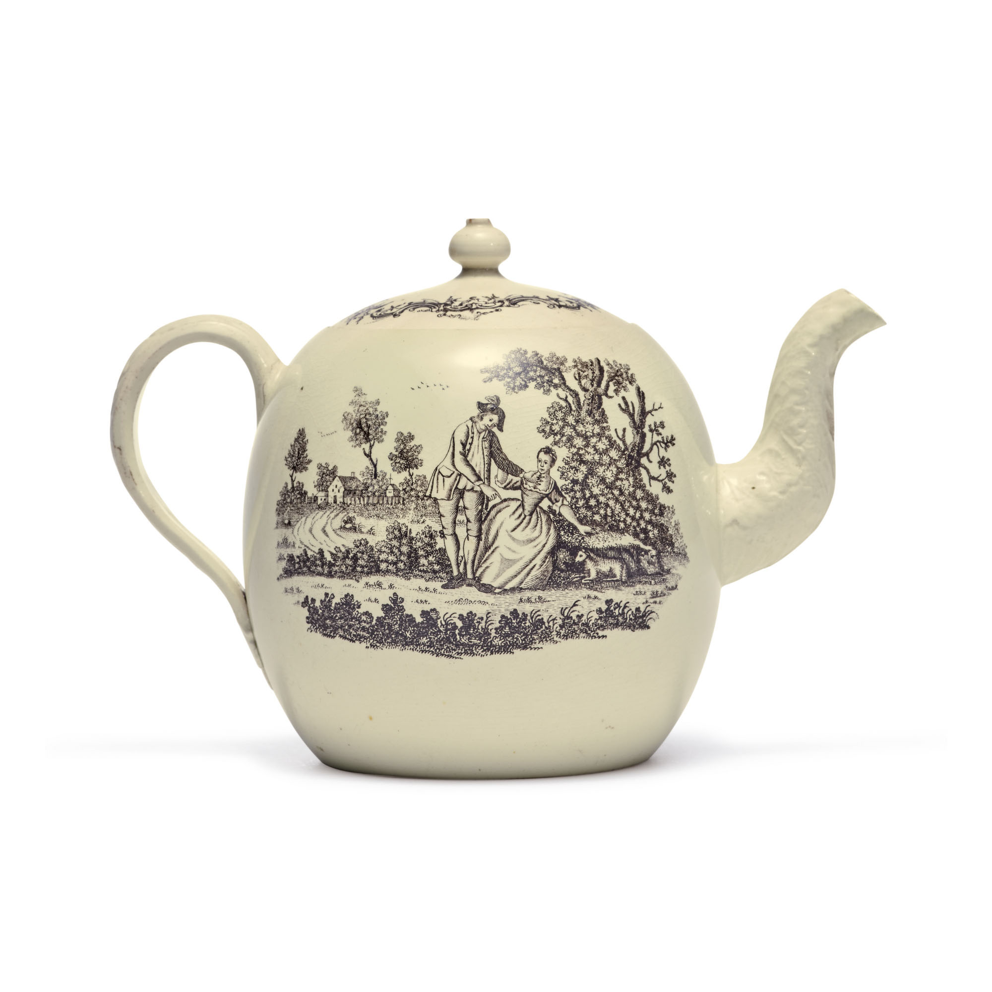 A WEDGWOOD CREAMWARE TRANSFERPRINTED TEAPOT AND COVER CIRCA 1765