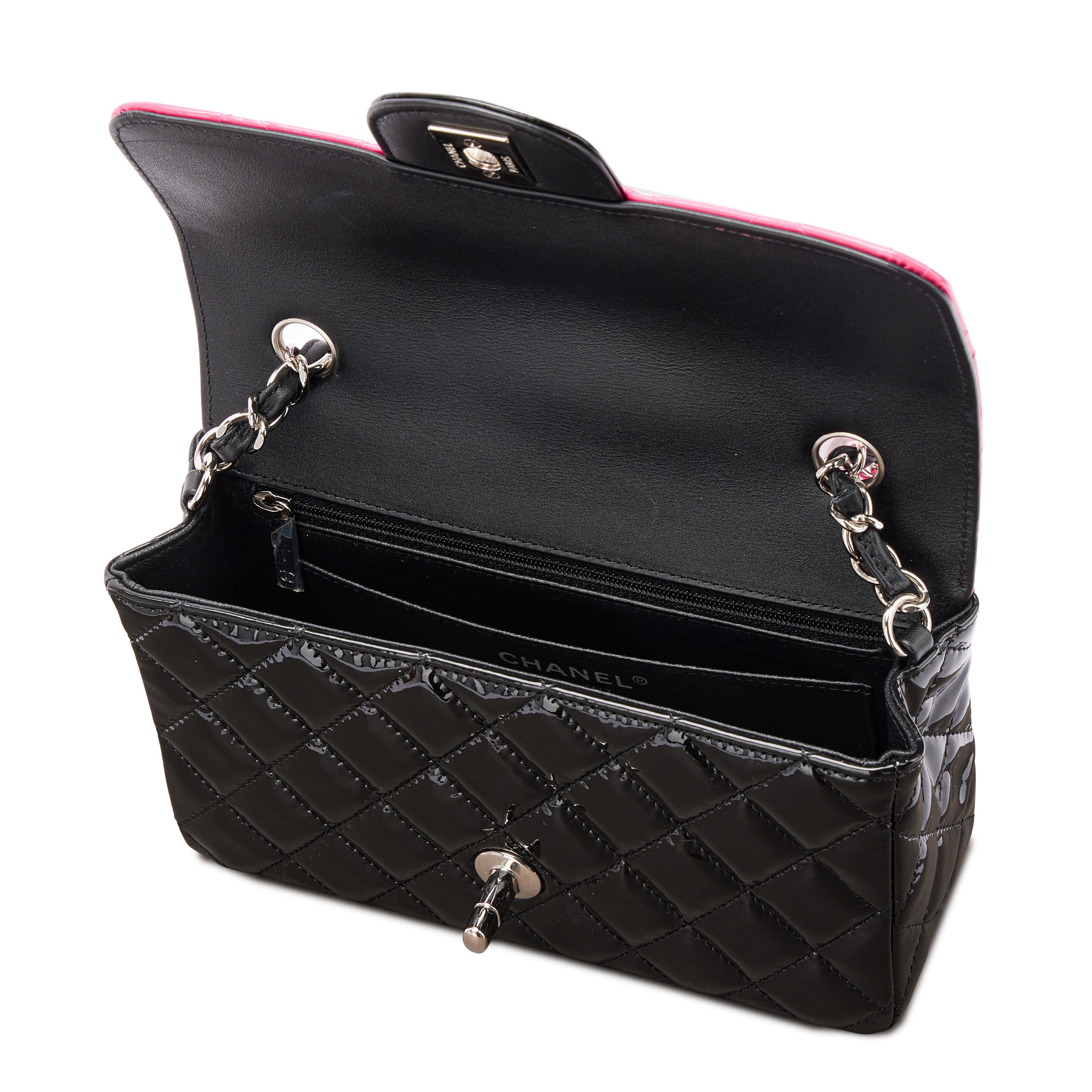 Chanel Pink And Black Quilted Patent Flap Bag Silver Hardware