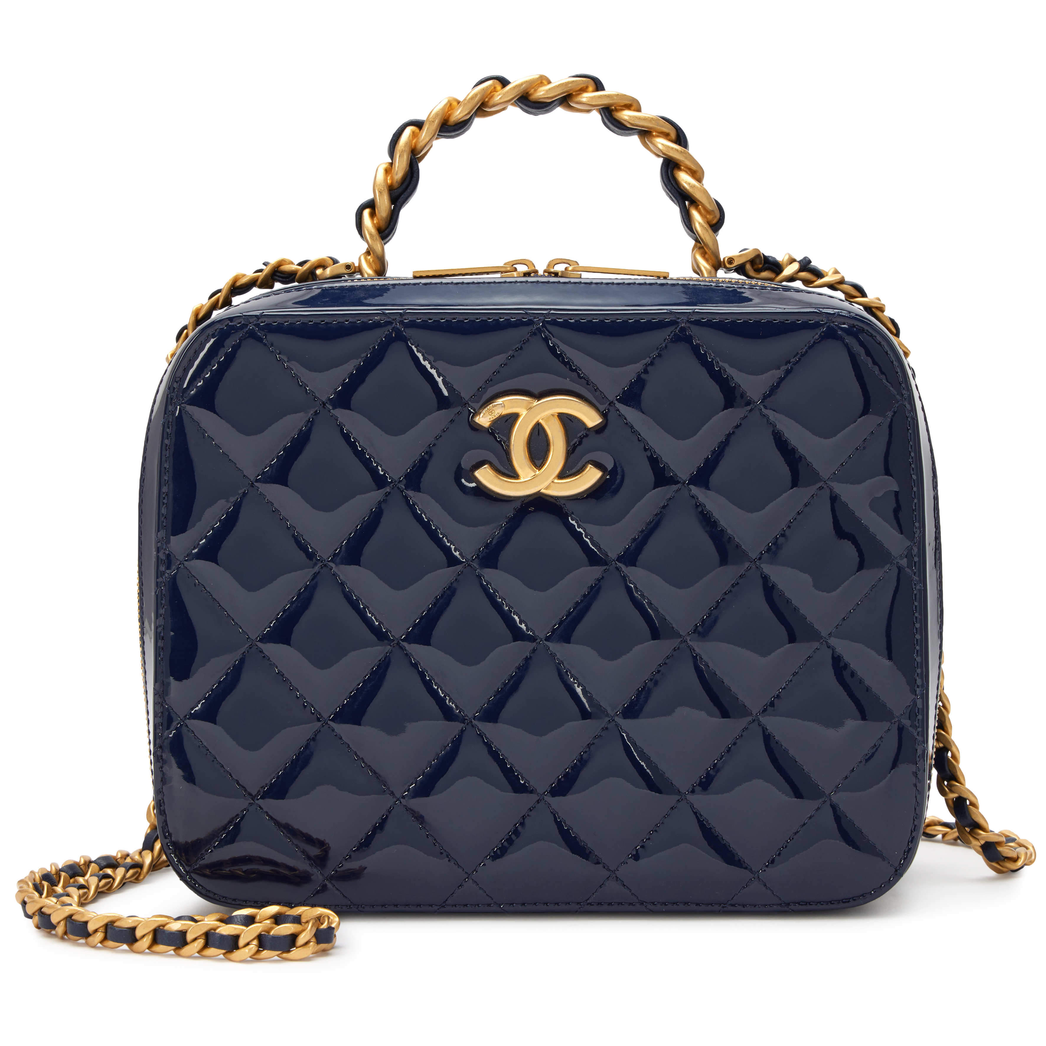 Chanel Navy Blue Patent Quilted Top Handle Vanity Case Aged Gold