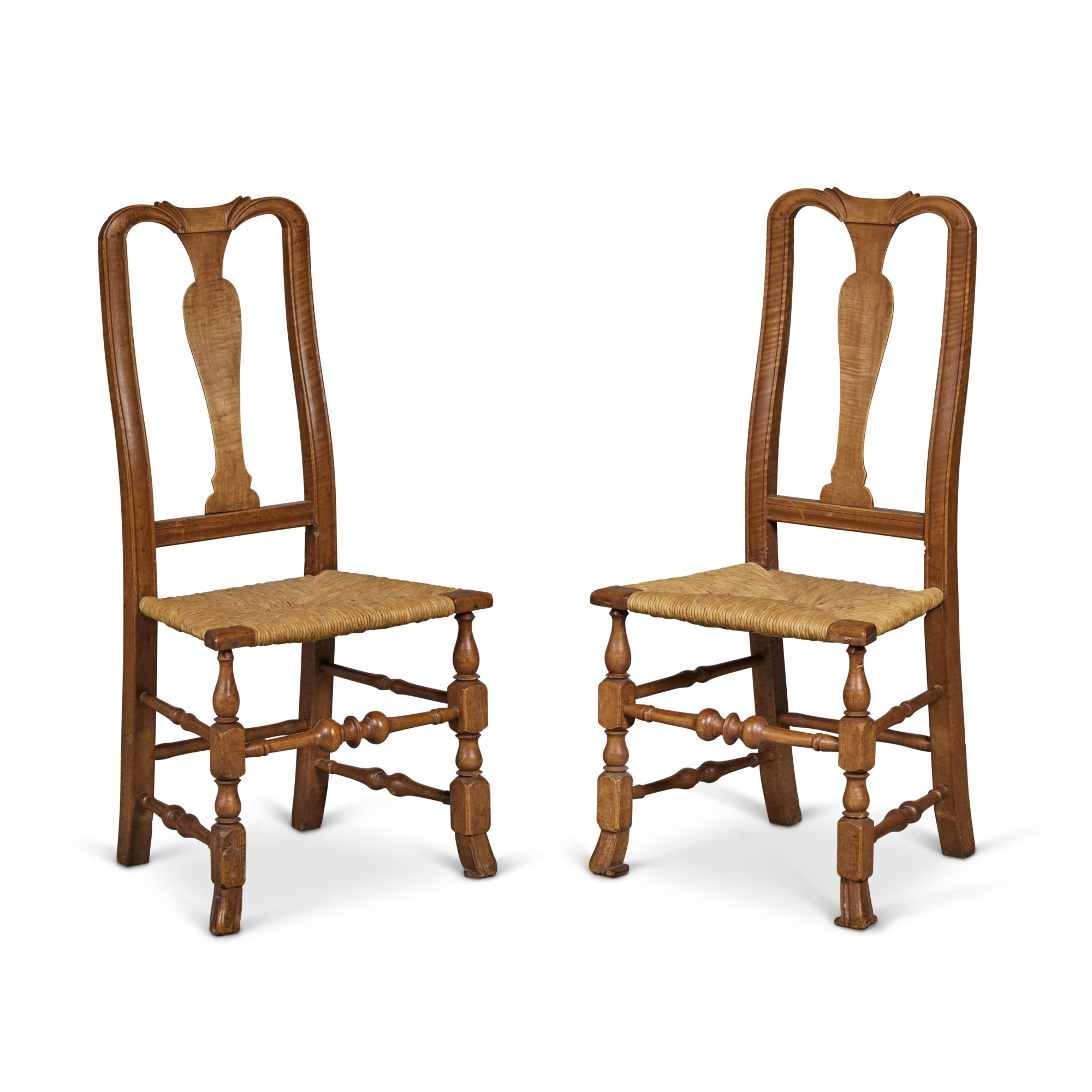 A Pair of Queen Anne Carved and Figured Maple Side Chairs, Connecticut