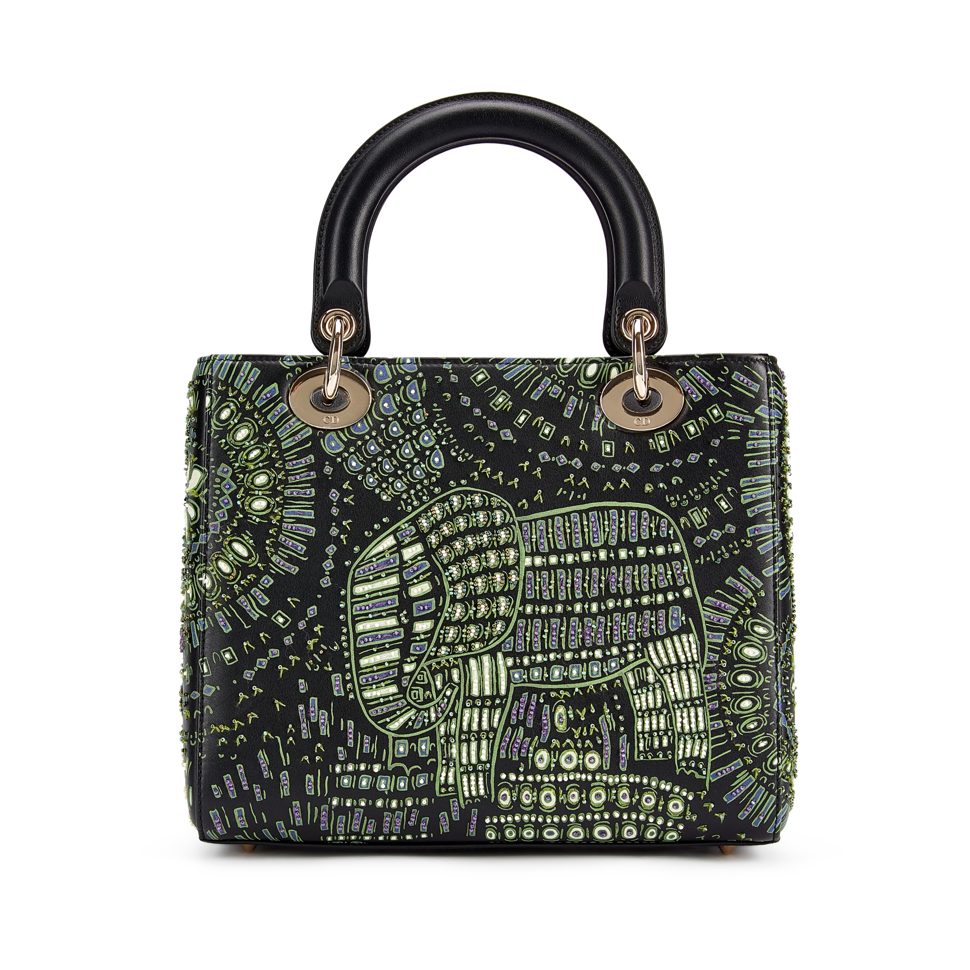 Christian Dior Green, Purple And White Beaded And Black Calfskin