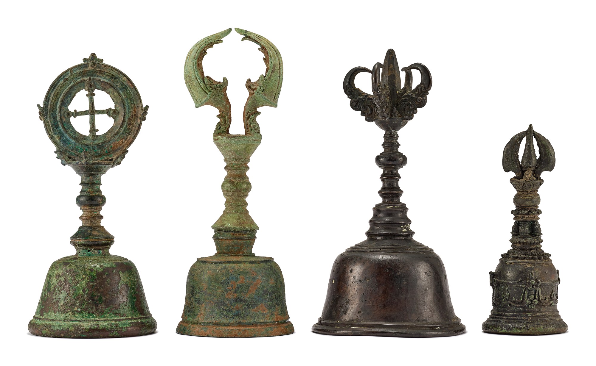 FOUR BRONZE GHANTA, TIBET, 12TH – 13TH CENTURY | 十二至十三世紀 藏傳銅金剛鈴一組四件 | A ...