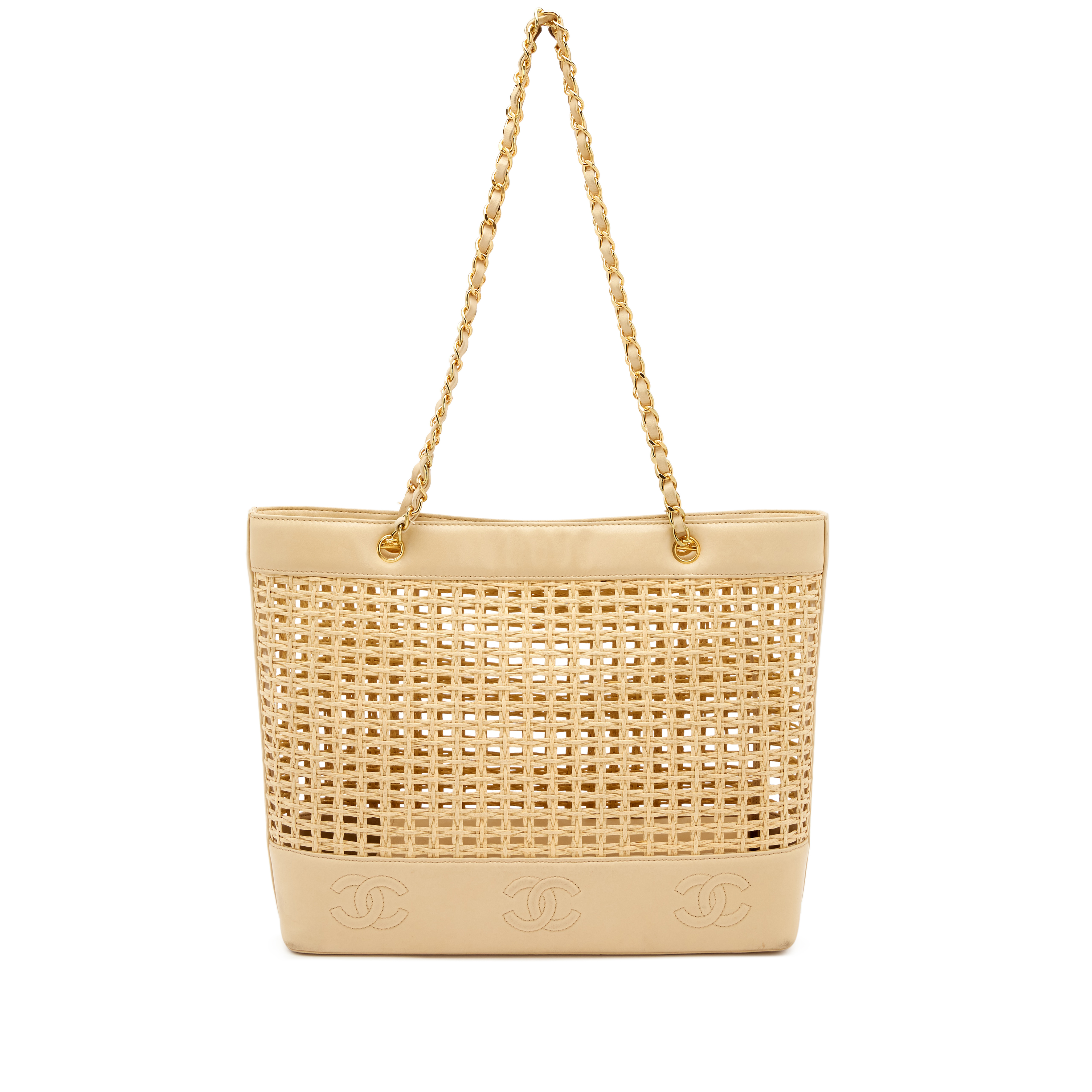 【特価レア】 バッグツリー ラック バッグ陳列 アンティークゴールド 真鍮 Chanel Vintage Beige Lambskin And Wicker Triple Coco Chain Tote