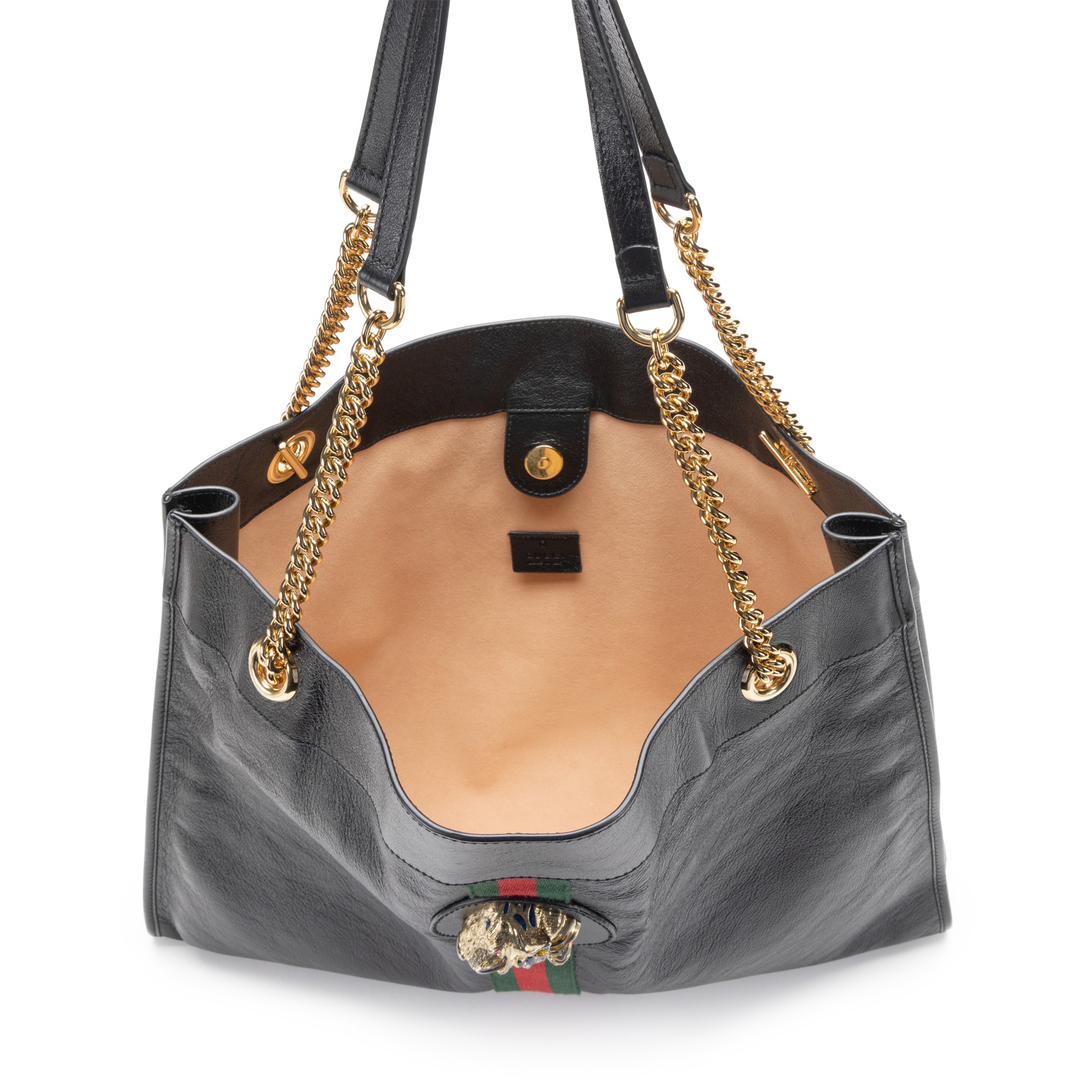 Gucci Black Shiny Textured Calfskin Large Rajah Chain Tote Gold