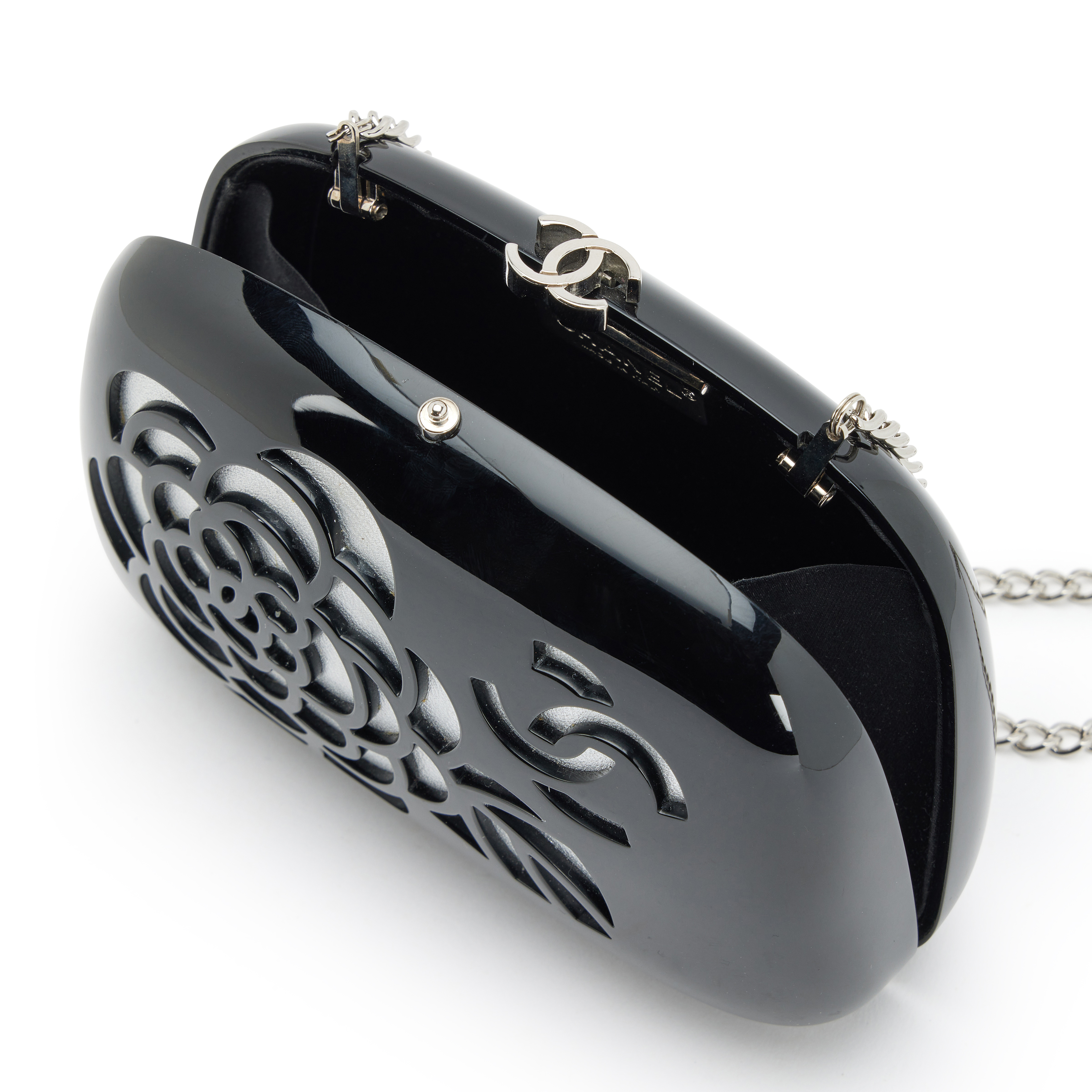 Chanel Black Acrylic Cutout Camellia Minaudiere Chain Bag Silver