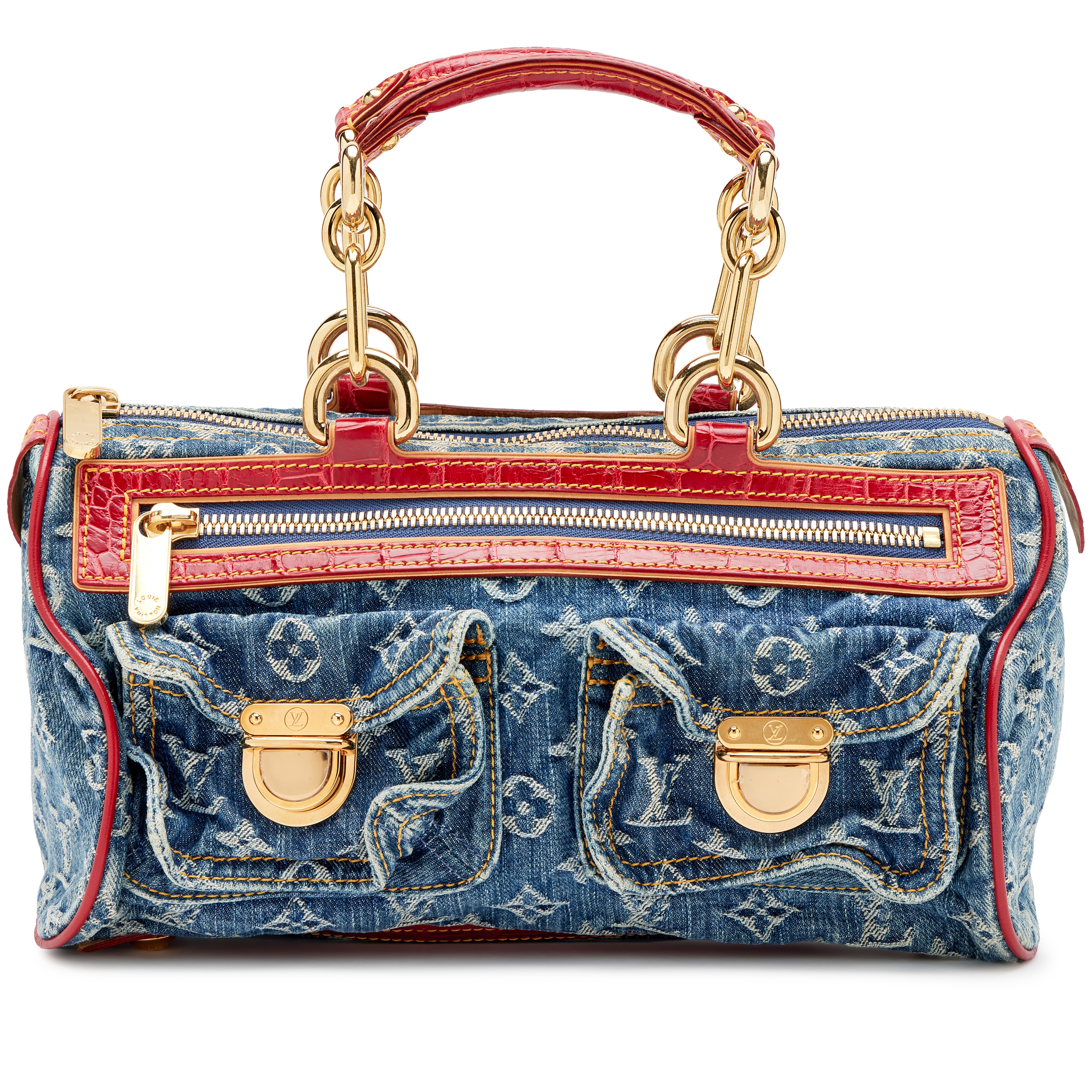 Louis Vuitton Blue Monogram Denim And Red Alligator Neo Speedy Bag