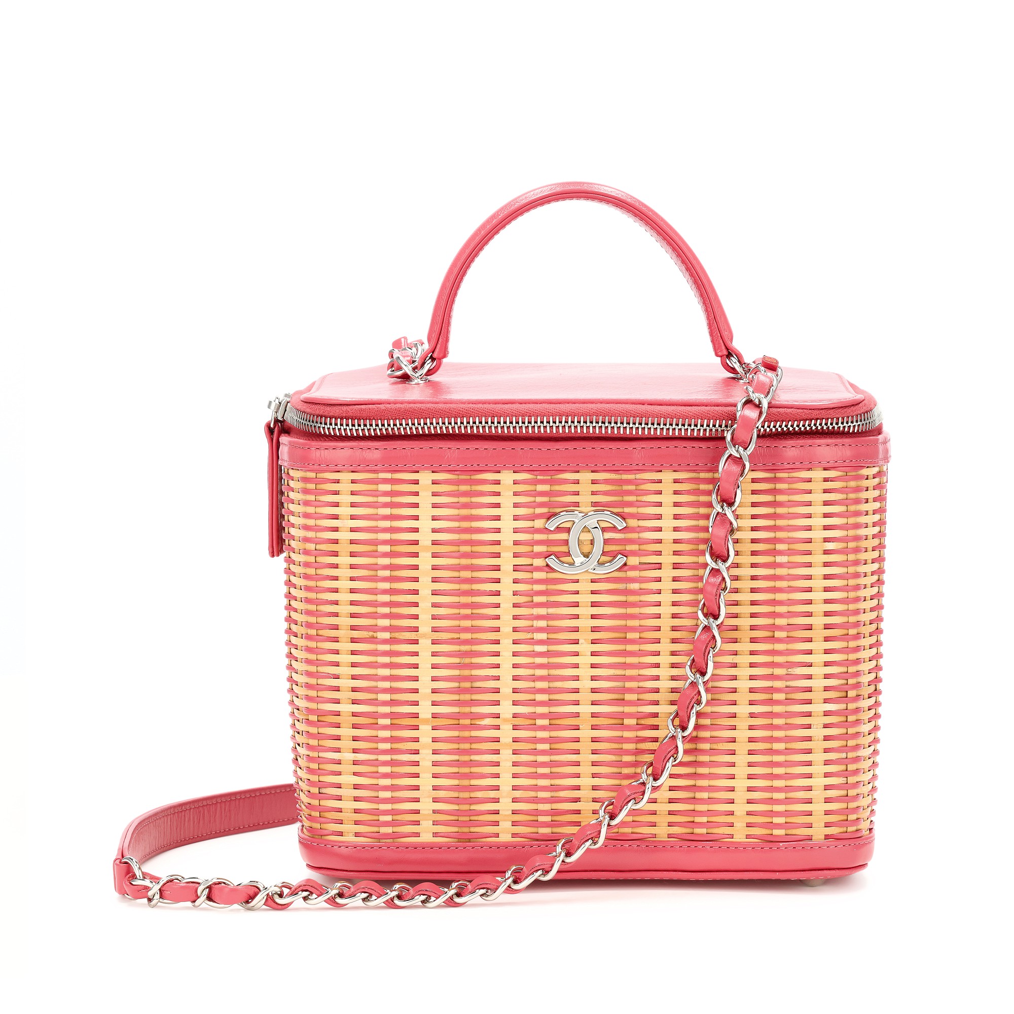 Chanel Pink Glazed Calfskin And Raffia Vanity Case Bag