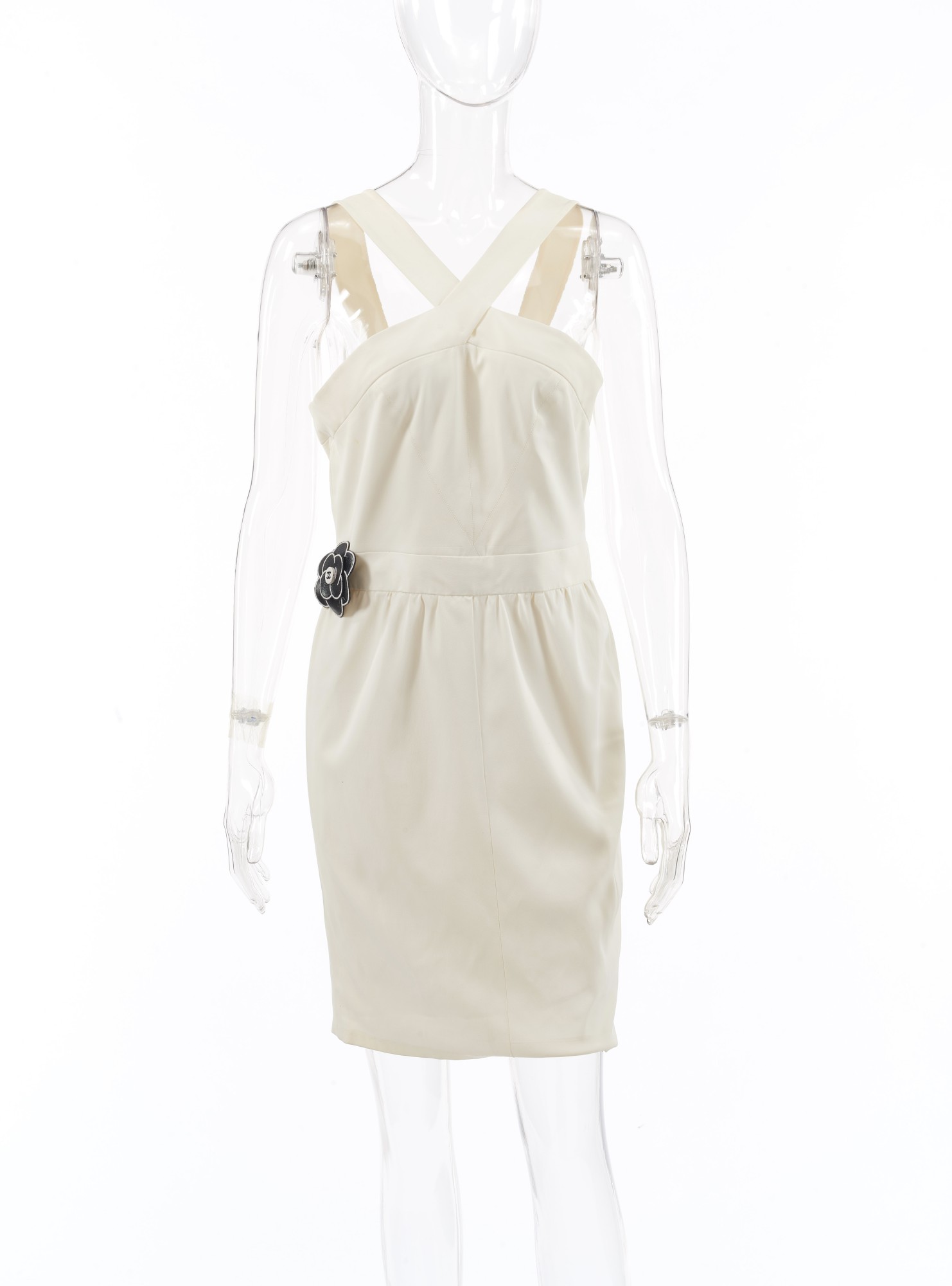 chanel-off-white-cocktail-dress-with-black-camellia-brooch-chanel