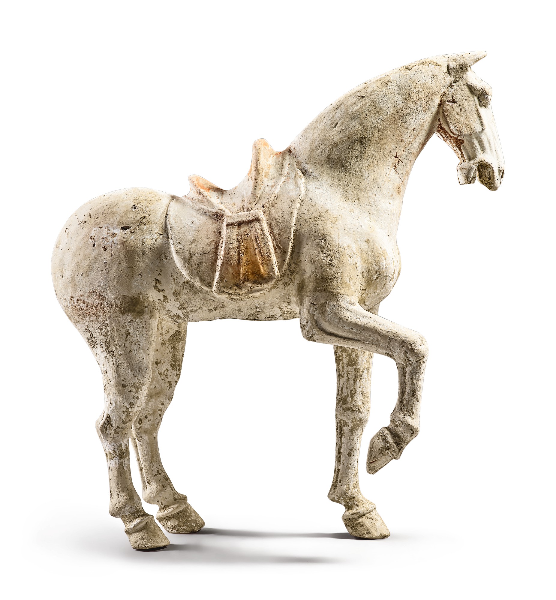 A LARGE PAINTED POTTERY FIGURE OF A PRANCING HORSE, TANG DYNASTY The Hundred Antiques Fine